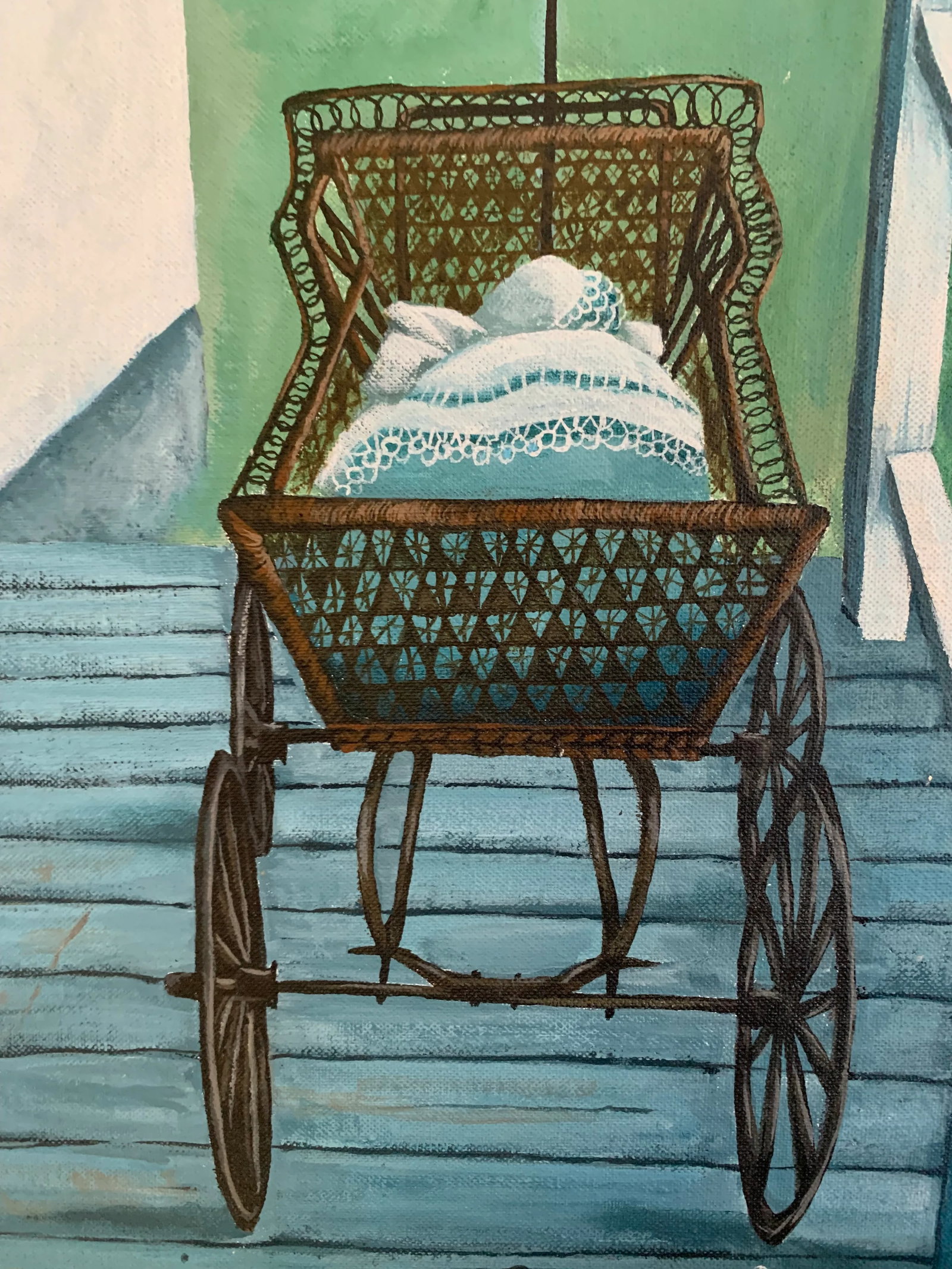 Vintage Painting of Wicker Carriage With Parasol, Framed - 5