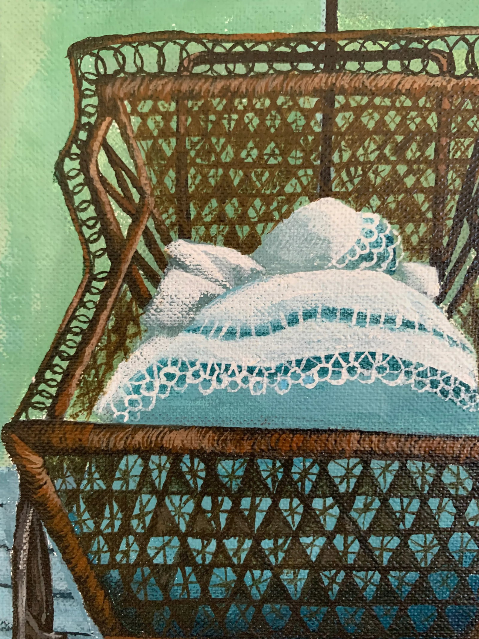 Vintage Painting of Wicker Carriage With Parasol, Framed - 6