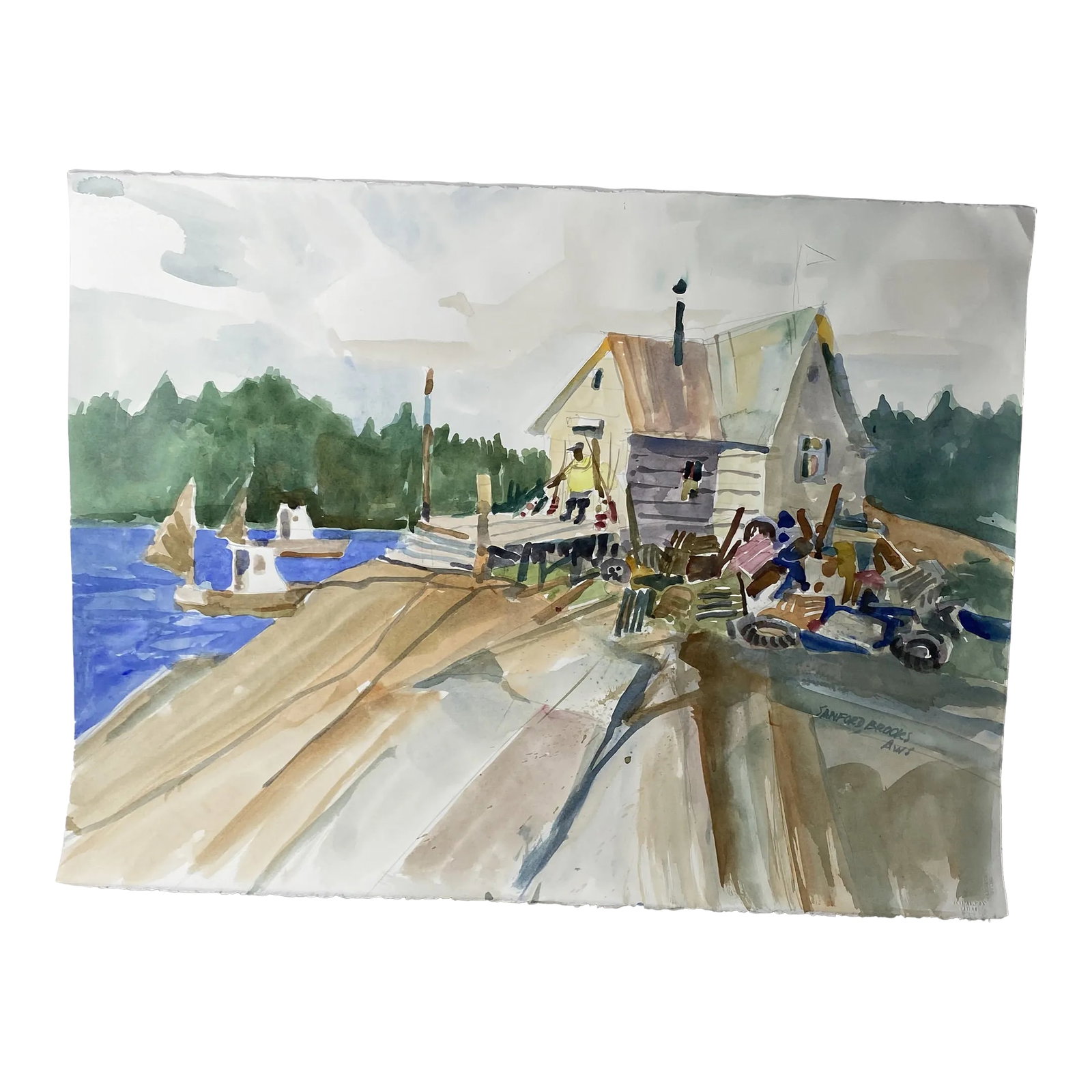 1980s Expressionist Maine Landscape Watercolor Painting by Sanford Brooks: Original large scale watercolor on Arches fine paper of Winter Harbor Maine by Sanford Brooks. Highly popular watercolorist Sanford (Samp) Brooks (1915-1994), a long time resident of Cincinnati Ohio,