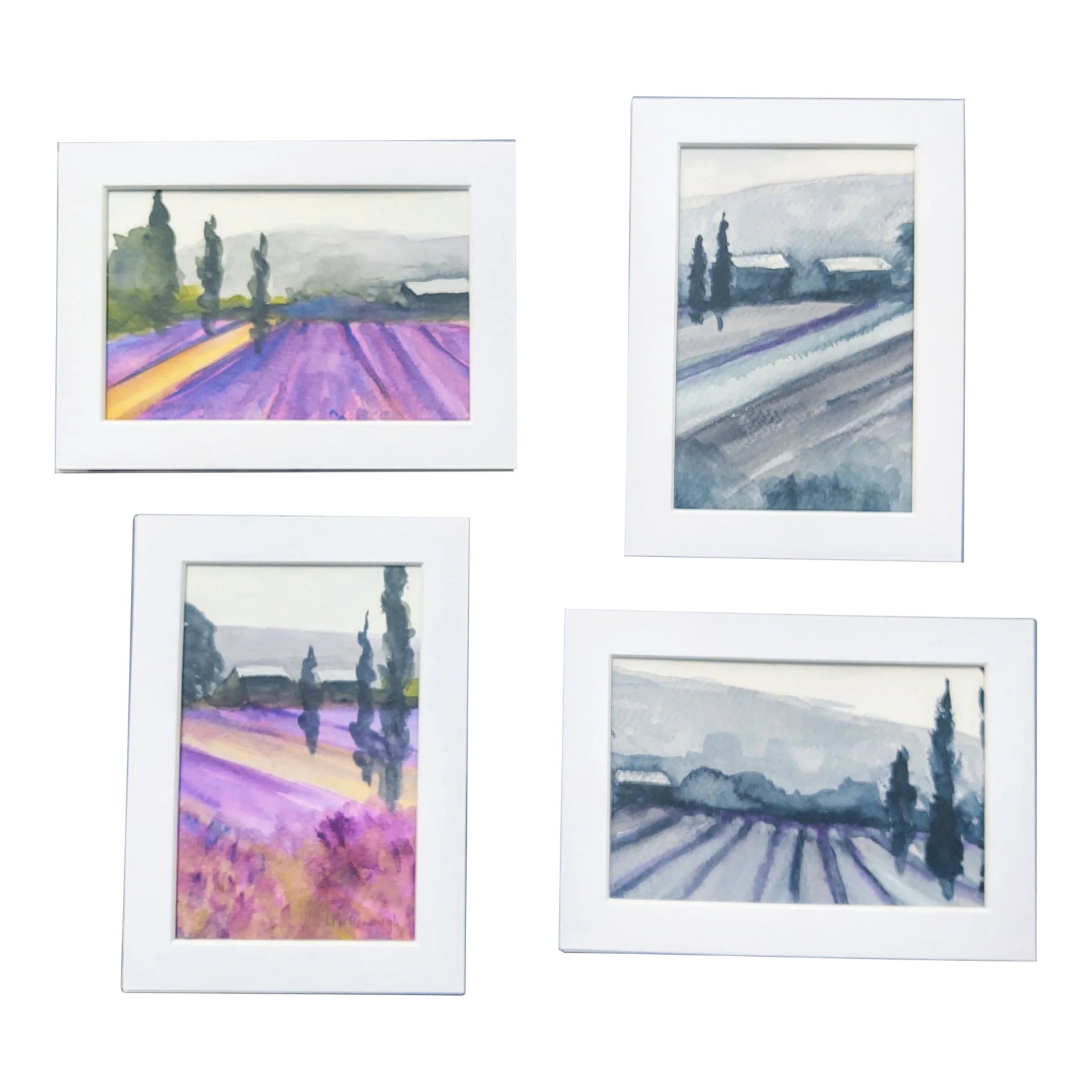 Lavender Fields Contemporary Impressionist Style Landscape Watercolor Paintings by Linda McDonough: Lavender Fields is a grouping of four watercolor landscapes on Fabriano Italian watercolor paper rendered in purple, green, grey, and white. Each landscape is sealed with Dorland's Wax, signed bottom