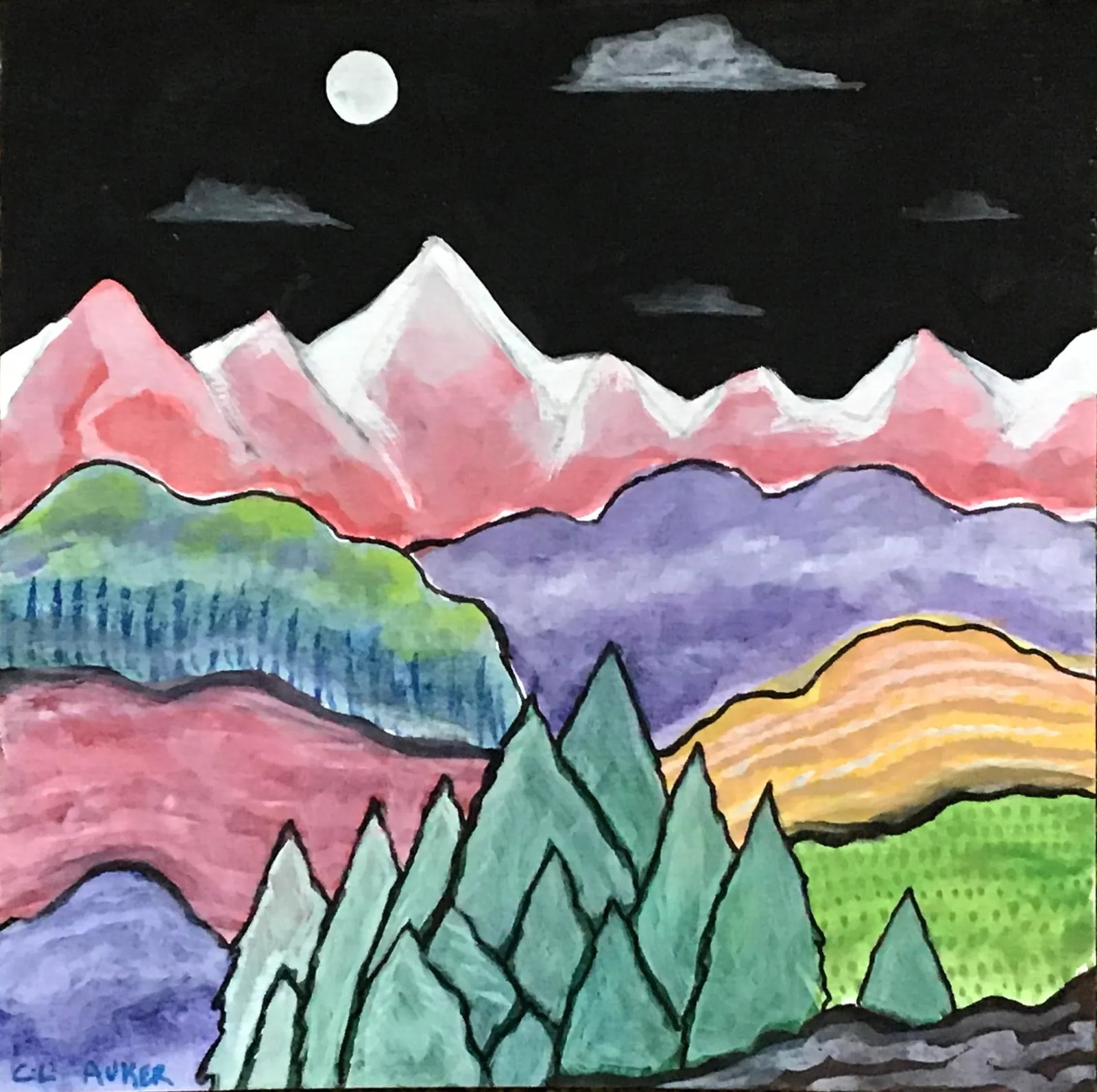 Night Mountains Abstract Landscape Acrylic Painting on Watercolor Paper by CL Auker: This landscape was inspired by a dream. Acrylic on heavy textured watercolor paper. A completely unique and original artwork by Auker. Cassandra Linnea Auker is a professional artist who resides in Fl