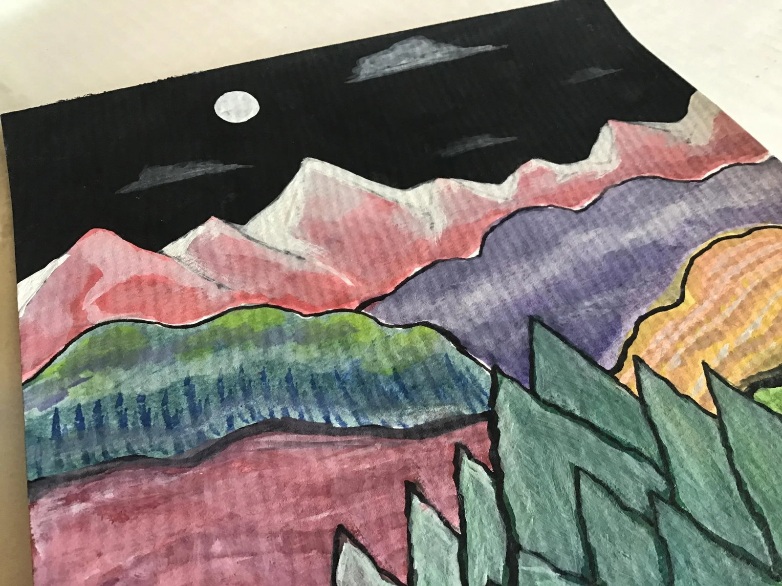 Night Mountains Abstract Landscape Acrylic Painting on Watercolor Paper by CL Auker - 2