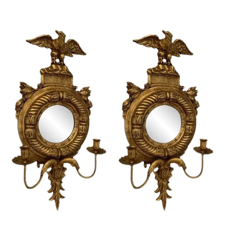 Pair of Federal Eagle Candle Convex Mirror Sconces: Featuring an eagle and beautifully decorated candle holders, this Girandole mirror comes complete with a convex mirror and solid wood detailing. Ideal for the hallways or as the living room centerpiec