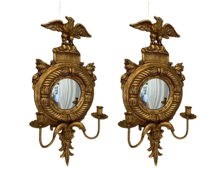 Pair of Federal Eagle Candle Convex Mirror Sconces - 6