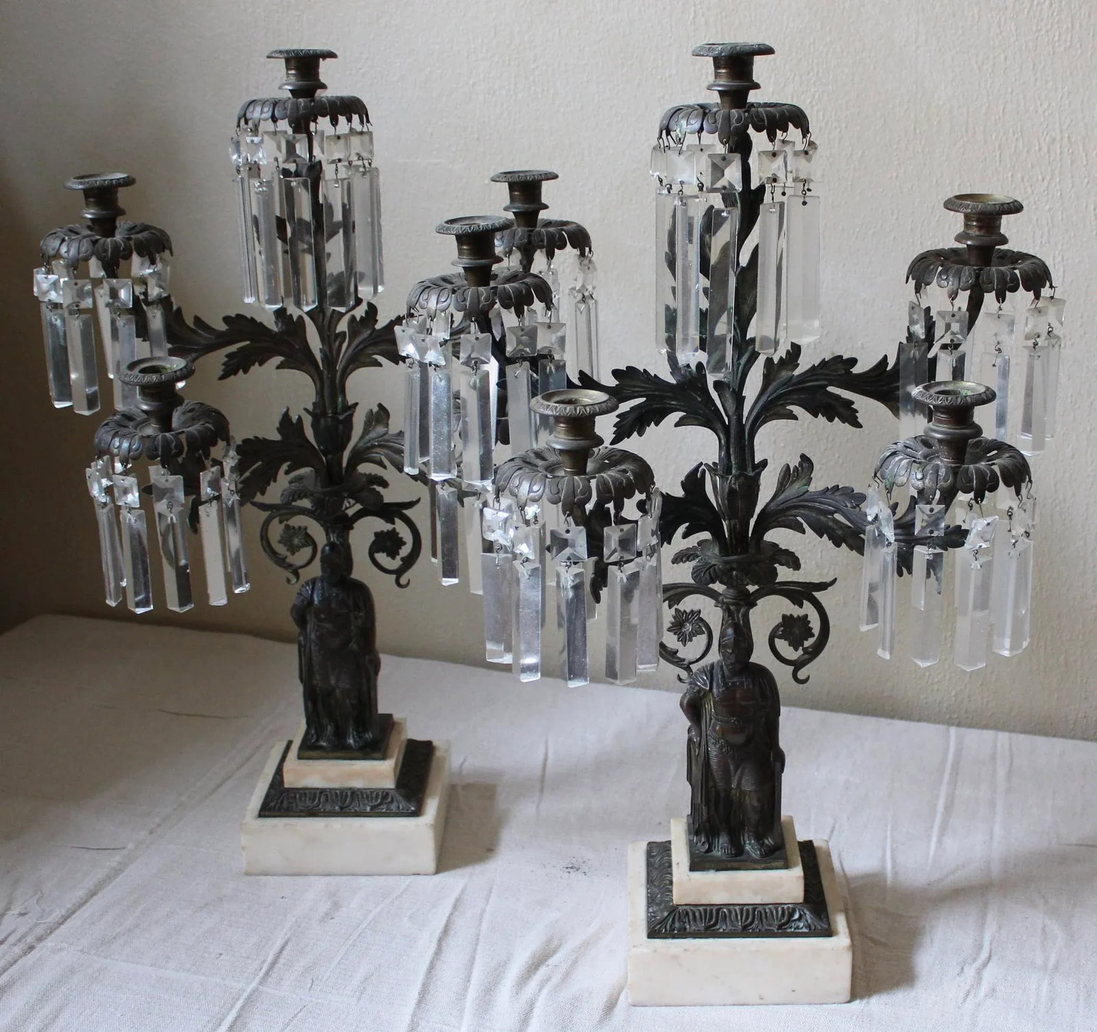 Bronze, Marble, and Crystal Candelabras - A Pair - 11