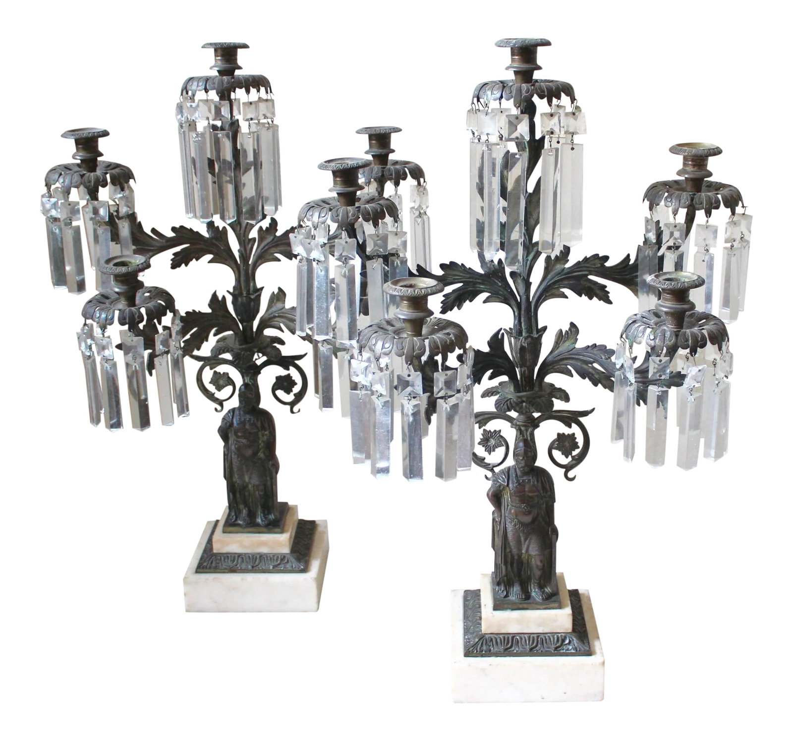 Bronze, Marble, and Crystal Candelabras - A Pair: Pair of mid-19th-century candelabras. These bronze, marble, and crystal girondoles are simply stunning. Several crystals and have been replaced. Condition: Alterations: Original Condition Unaltered Im
