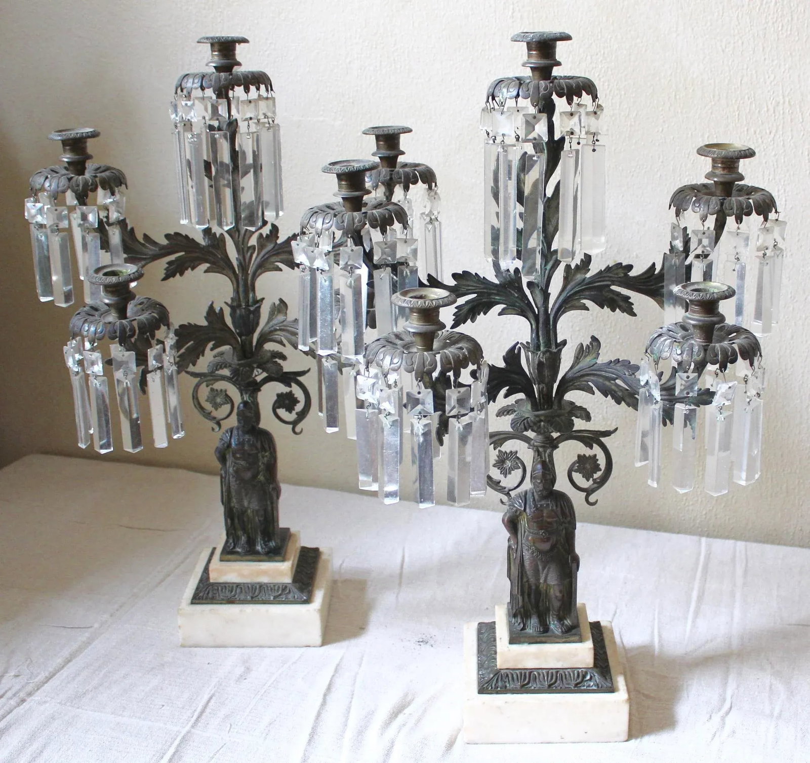 Bronze, Marble, and Crystal Candelabras - A Pair - 2