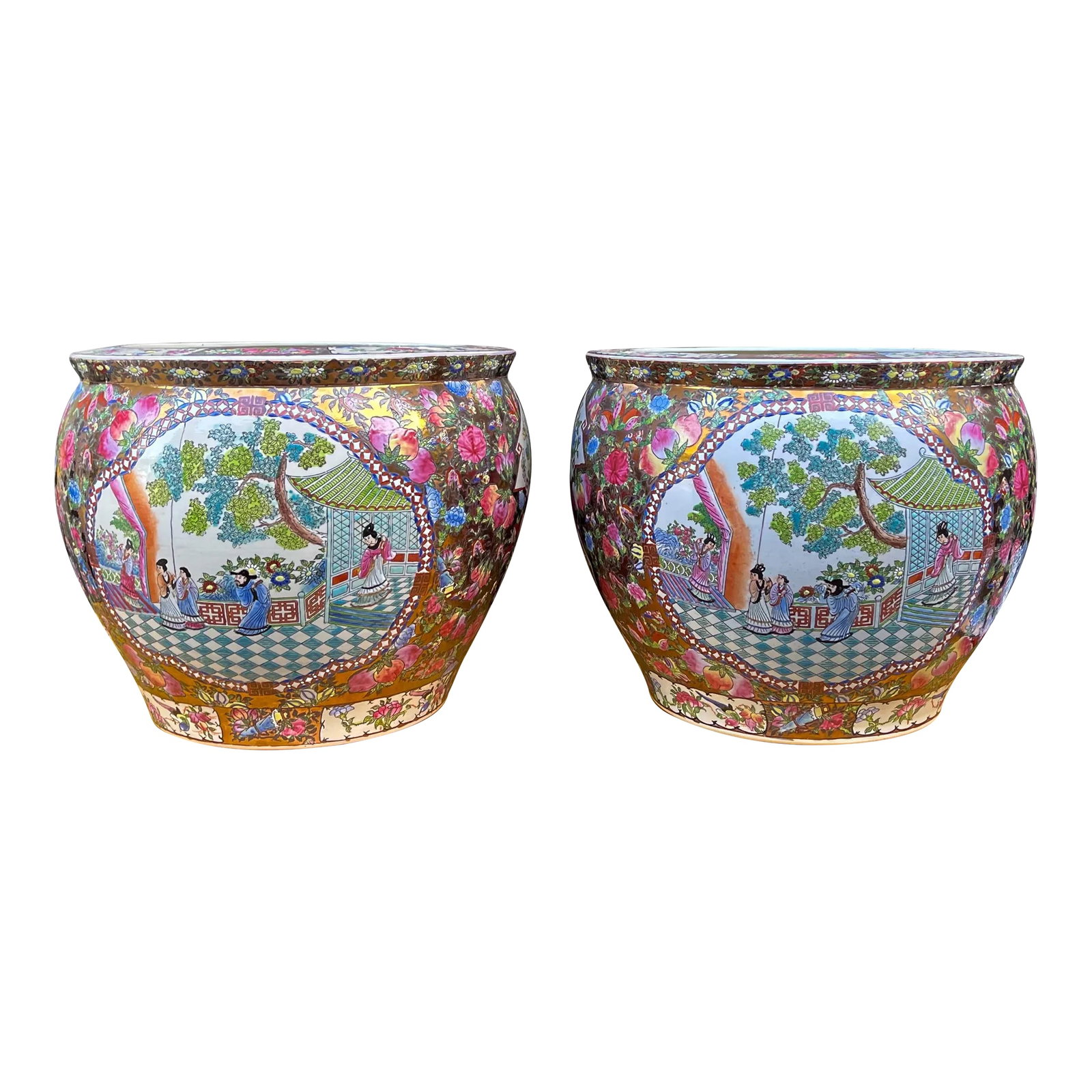 Large Chinese Export Style Famille Rose Planters / Jardinieres, Pair (1 of 8)