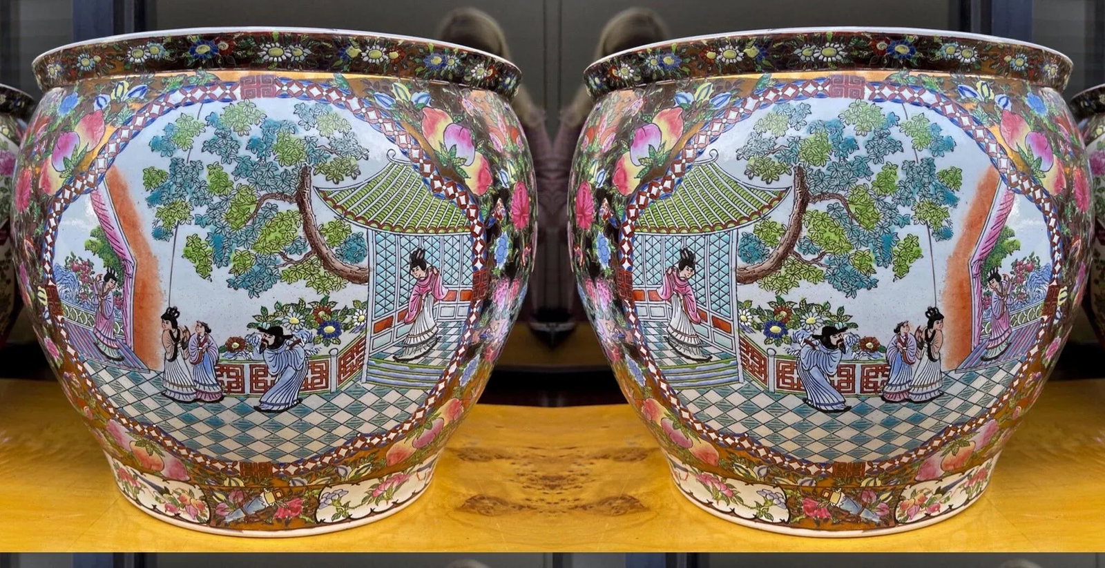 Large Chinese Export Style Famille Rose Planters / Jardinieres, Pair - 2