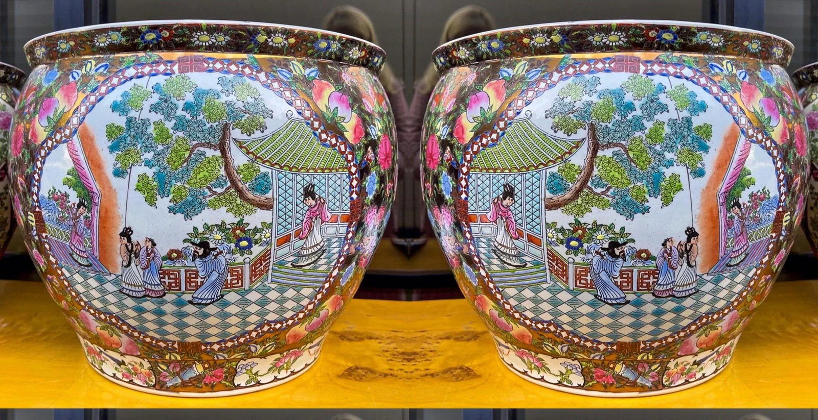 Large Chinese Export Style Famille Rose Planters / Jardinieres, Pair - 4