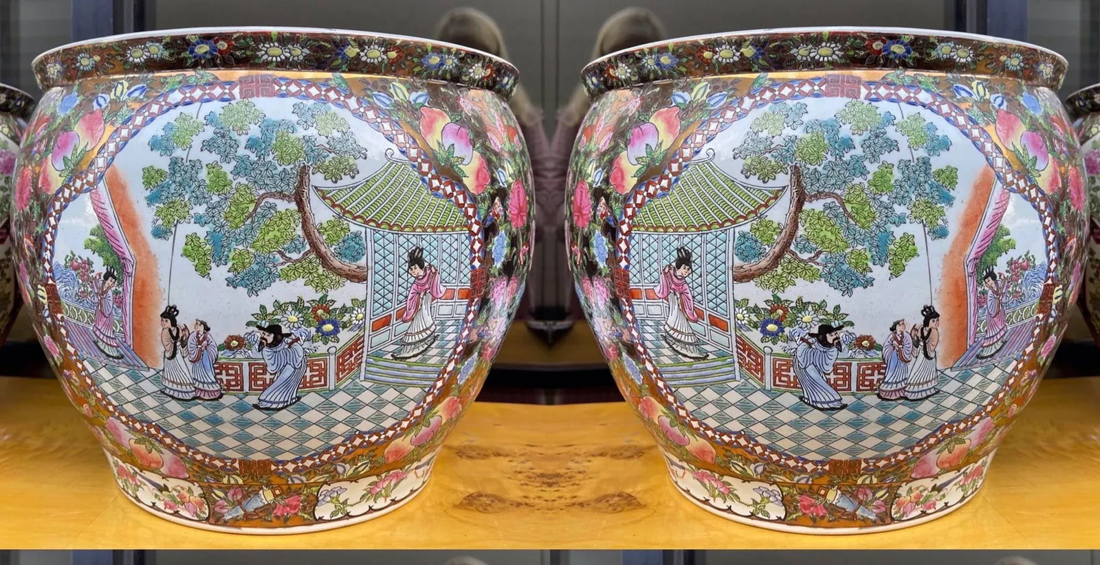 Large Chinese Export Style Famille Rose Planters / Jardinieres, Pair - 6