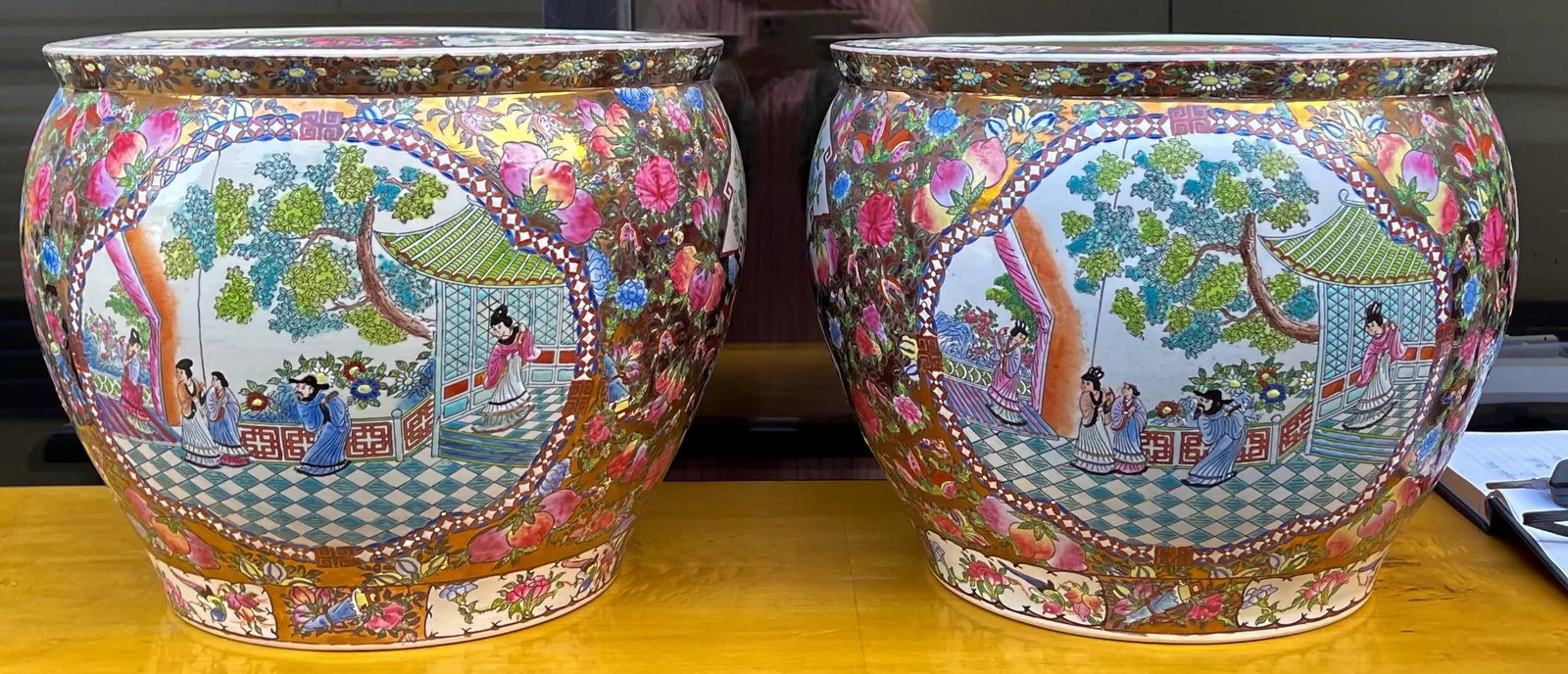 Large Chinese Export Style Famille Rose Planters / Jardinieres, Pair - 8