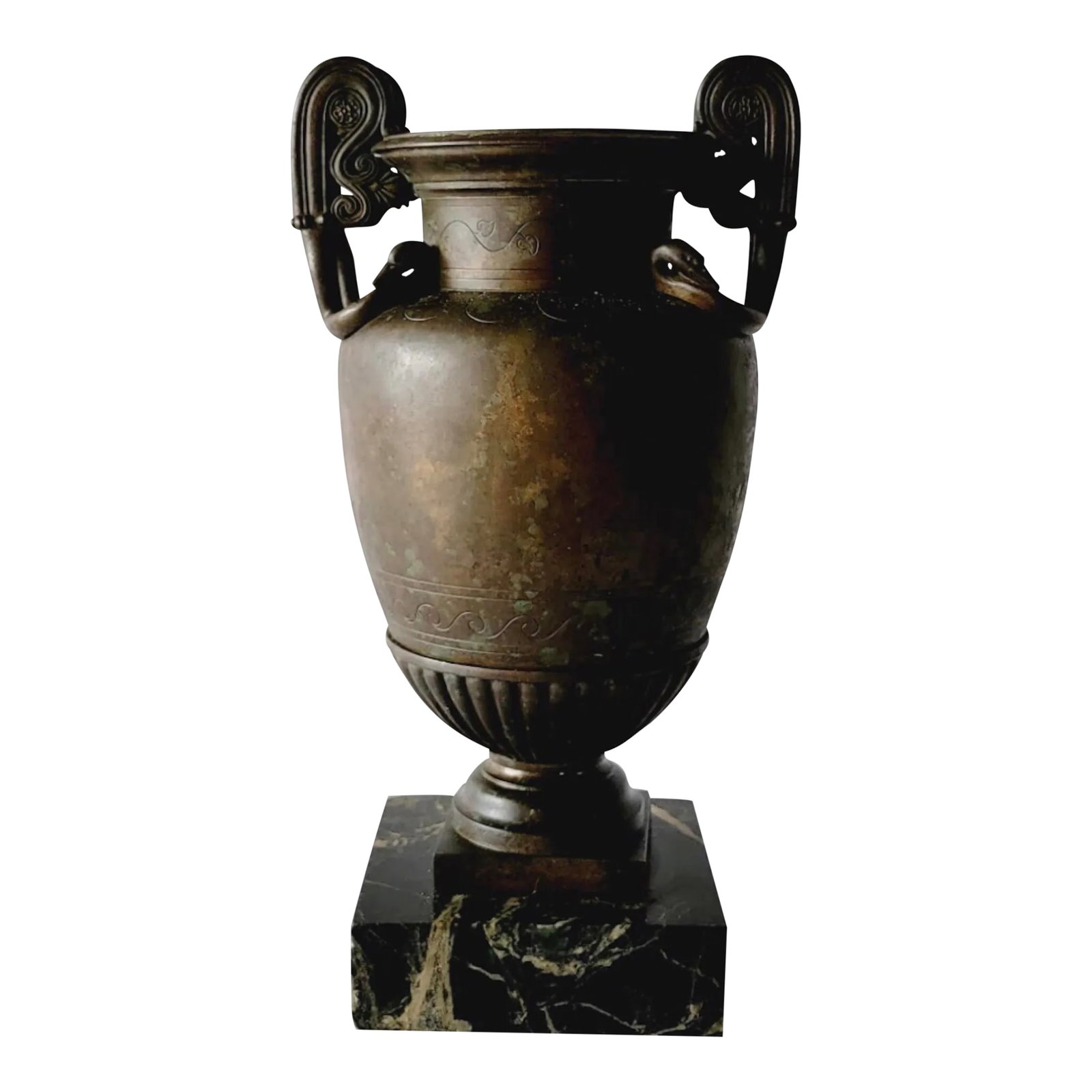 Grand Tour Bronze Volute Krater / Vase / Urn by Benedetto Boschetti , C. 1840: This is breathtaking! It is an early 19th century bronze volute krater by Benedetto Boschetti, a Roman artisan. It is marked. The marble base is 4.5" square. It is a stunning example of the bronze pie