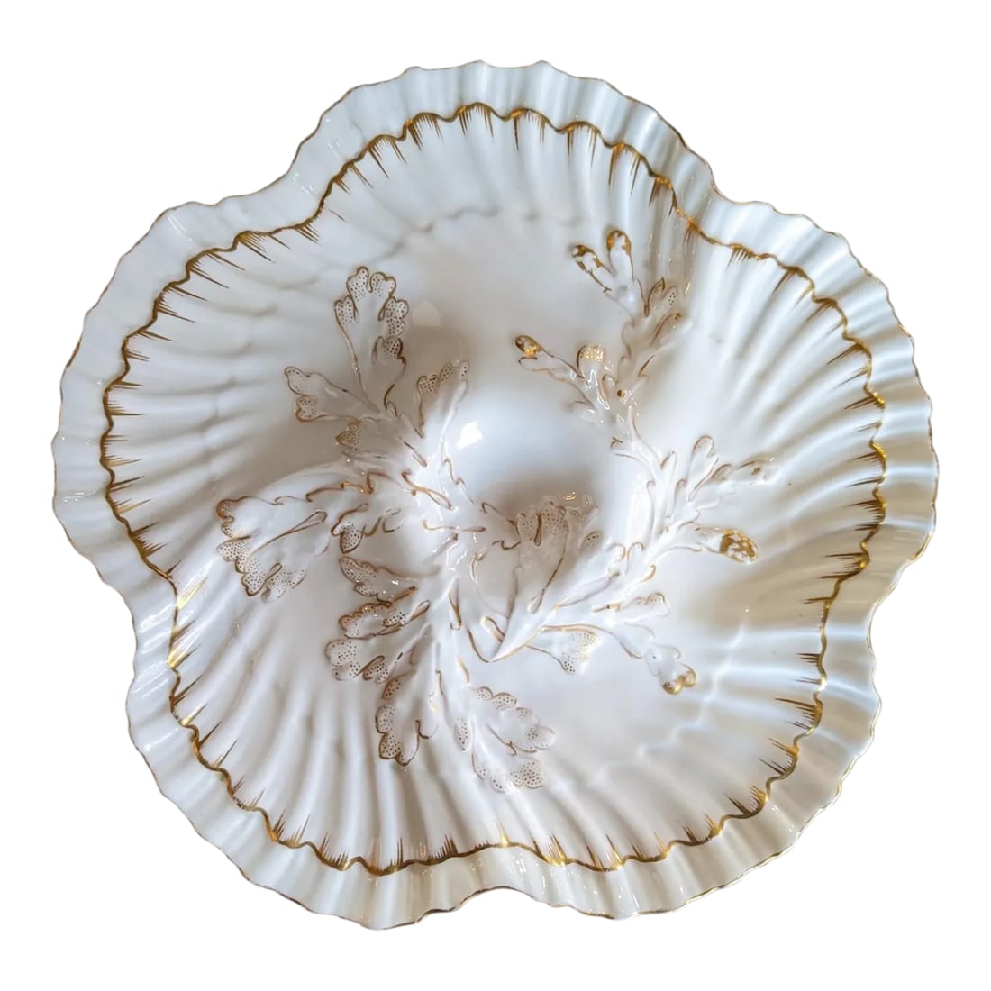 Antique English Brownfield Porcelain Oyster Plate Made for Tiffany & Co.: Rare antique English Brownfield's China for Tiffany & Co. New York oyster plate, in white with metallic gold accents. Marked on the backside of the plate. Measures 9 1/4 " in diameter. Very thin