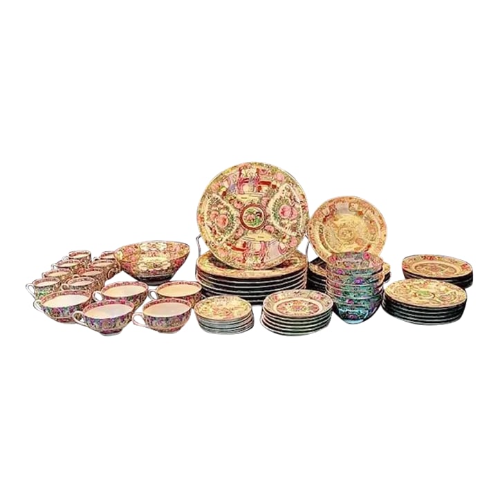1930s Chinese Rose Canton Medallion Porcelain Dinnerware Set- 60 Pieces (1 of 13)