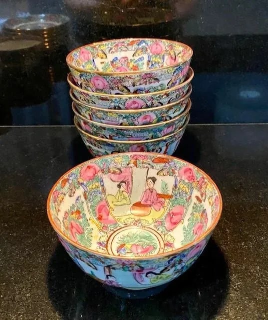 1930s Chinese Rose Canton Medallion Porcelain Dinnerware Set- 60 Pieces - 6