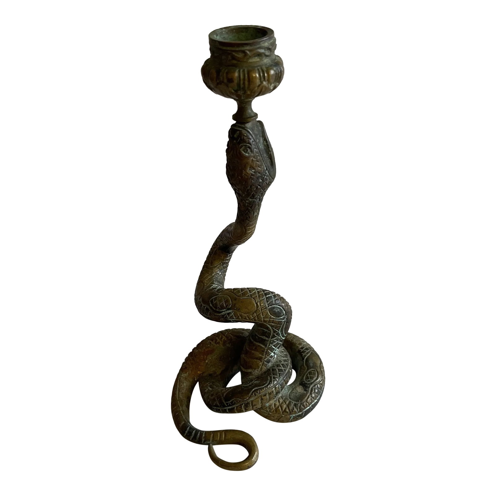 French Brass Snake Candlestick: Antique French Figural heavy brass candle stick holder in the form of a coiled snake with open mouth holding the Bobeche. Persian style, Art Deco, Hollywood Regency, Boho Chic. Condition: