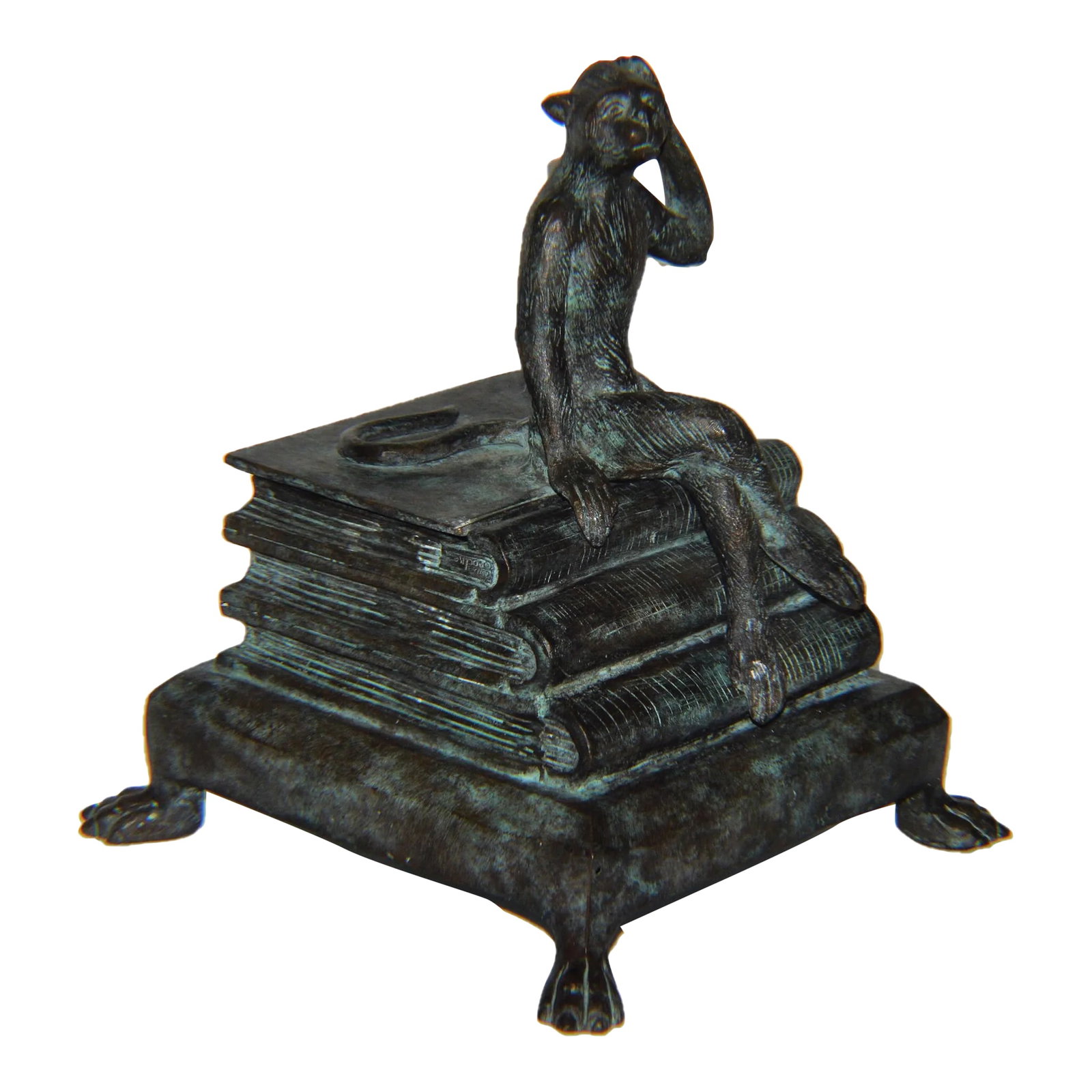 1990s Maitland Smith Bronze Monkey Lidded Box: Maitland Smith Bronze Monkey Books Lidded Box. The box is used in excellent condition, however contains some faint surface scratches, minor nicks. natural age patina. Condition consistent for it age