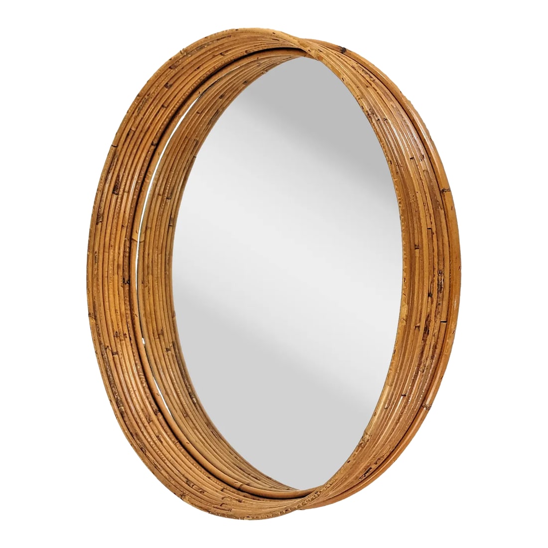 Gabriela Crespi Style Wall Mirror Pencil Reed Ratan Frame: Vintage Gabriella Crespi Style wall mirror, sculptural pencil reed frame. Made in Italy sticker remains in the back. The tone of the pencil reed makes this an accent piece for a Coastal, Boho Chic or