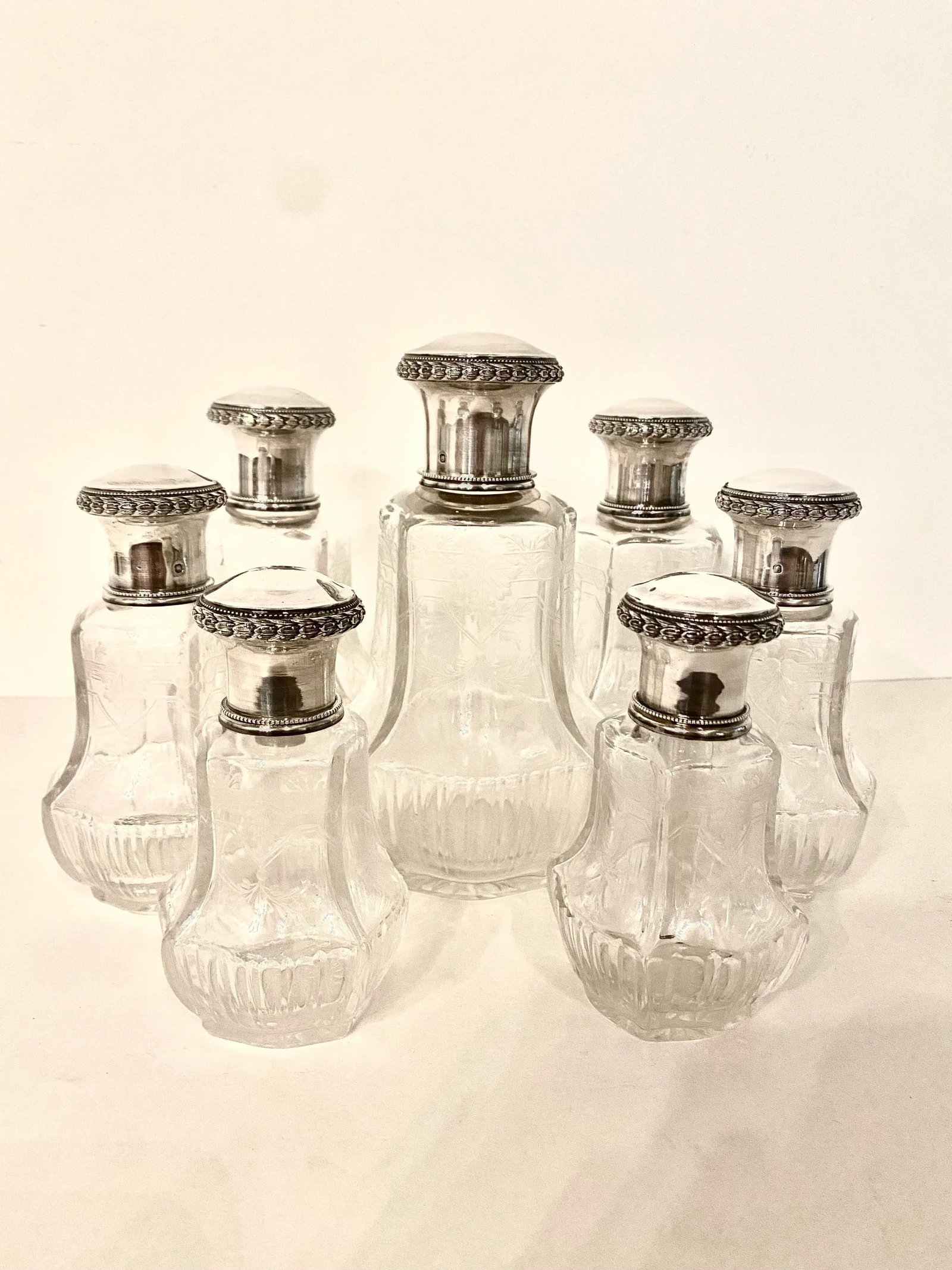 Antique Baccarat-Style Sterling and Crystal Perfume Bottles Vanity Set- 7 Pieces - 13