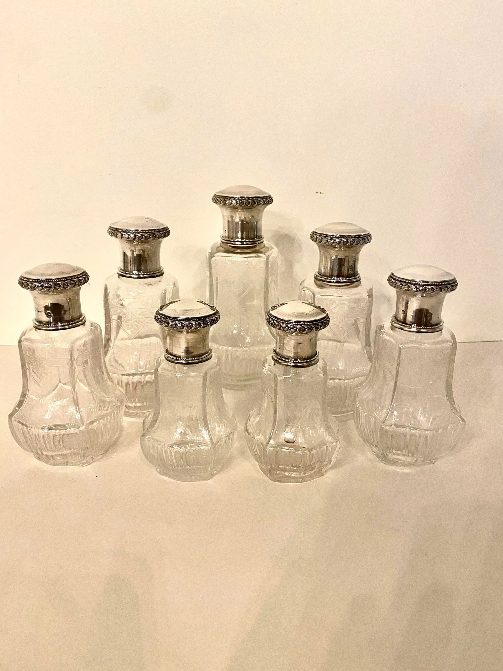 Antique Baccarat-Style Sterling and Crystal Perfume Bottles Vanity Set- 7 Pieces - 2