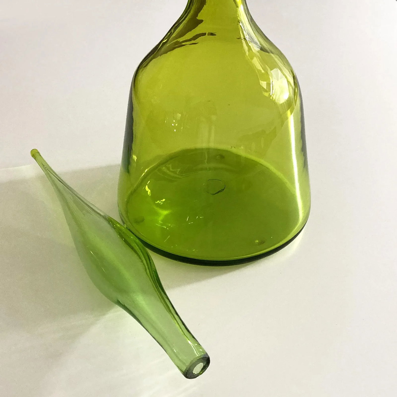 Vintage Blenko Decanter With Stopper, Design by Wayne Husted, Olive Green - 2