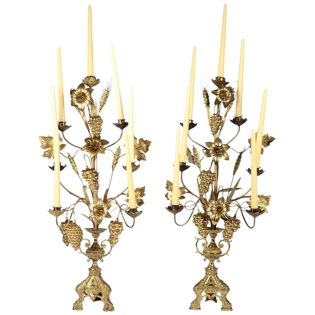 1890's Gilt Seven Arm Candelabra With Flower & Grape Motif - a Pair - 10