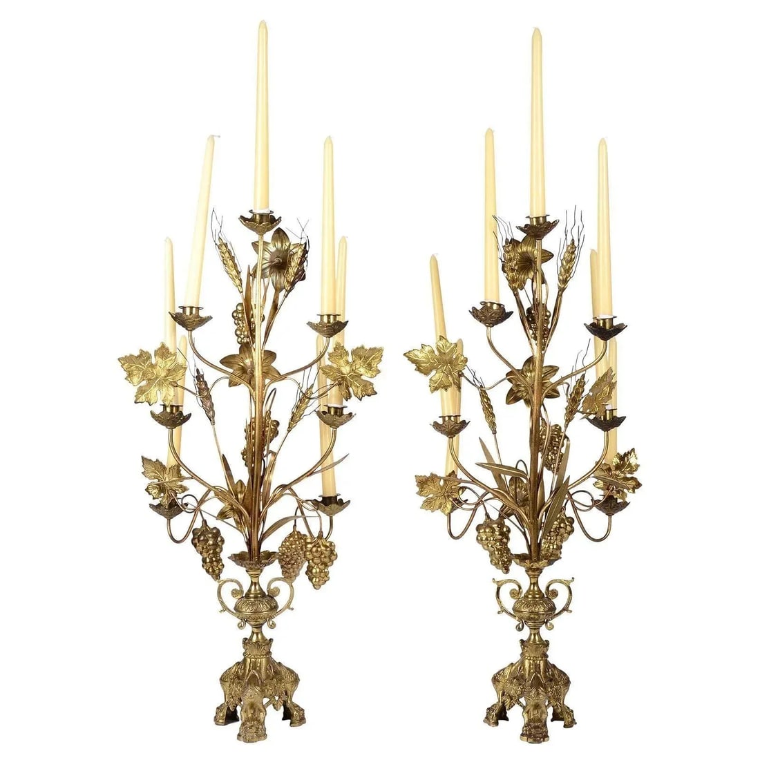 1890's Gilt Seven Arm Candelabra With Flower & Grape Motif - a Pair - 3