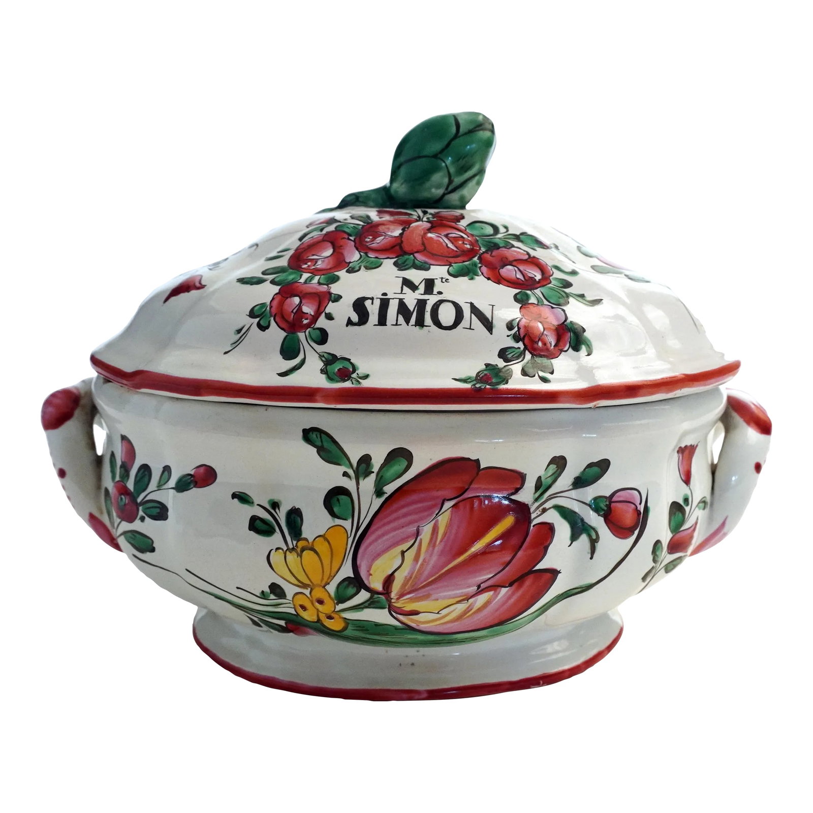 18th Century Oval Luneville Porcelain Soup Tureen, French With Lid "Maitre Simon": This lovely XVIII c. soup tureen is quite a nice piece even with the broken lid which was repaired in the early 1900. It is decorated with tulips and other flowers; the handle of the lid is a small