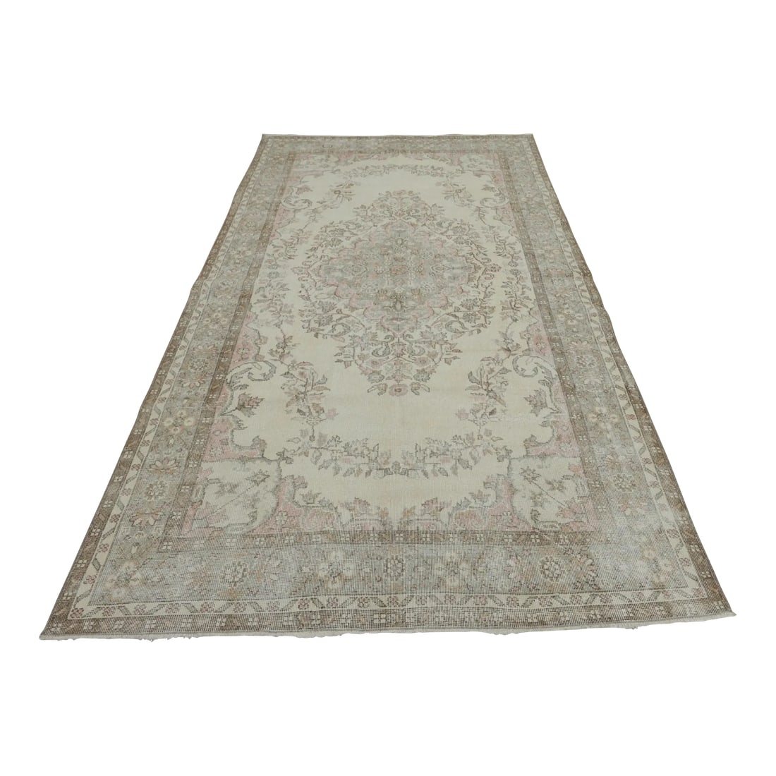 1950s Turkish Vintage Handmade Floral Desing Vintage White Oushak Wool Area Rug: 1950s High Quality Turkish Anatolian Vintage Handmade Anatolian Area Rug Size: 6.2 x 9.5 feet (190 x 290 cm) 74 x 114 inches Color: Antique White , Brown , Beige , Green Material: 100% Wool All rugs a