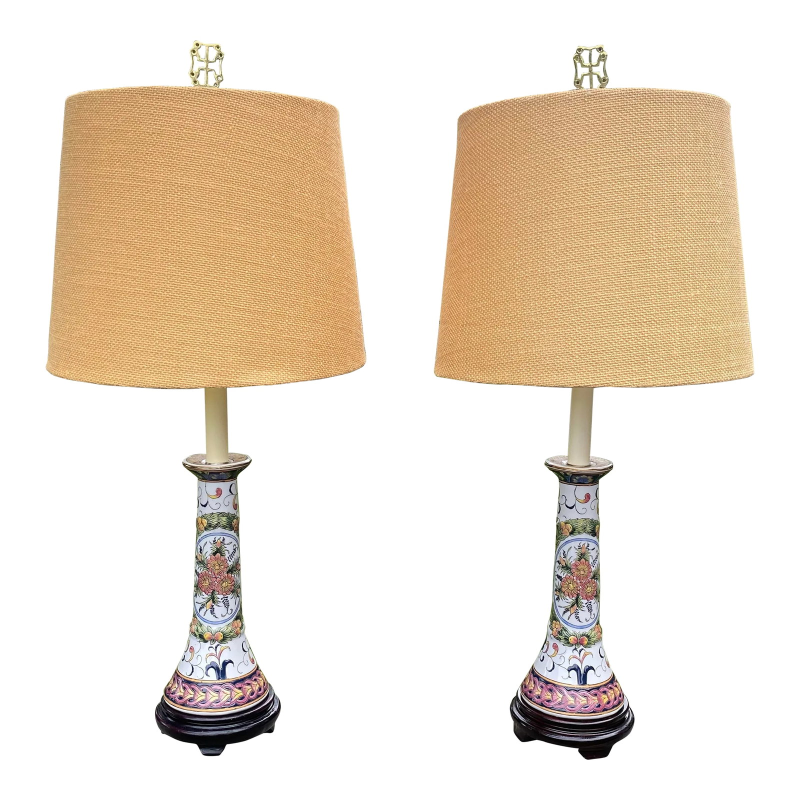 1980s Ceramic Floral Candlestick Lamps With Burlap Shade - a Pair: A pair of ceramic hand painted candlestick lamps. Sets on a resign wood like base, 3 way switch with tan burlap shades. Lamp shades measure 10"x10". Condition: Alterations: Original Condition