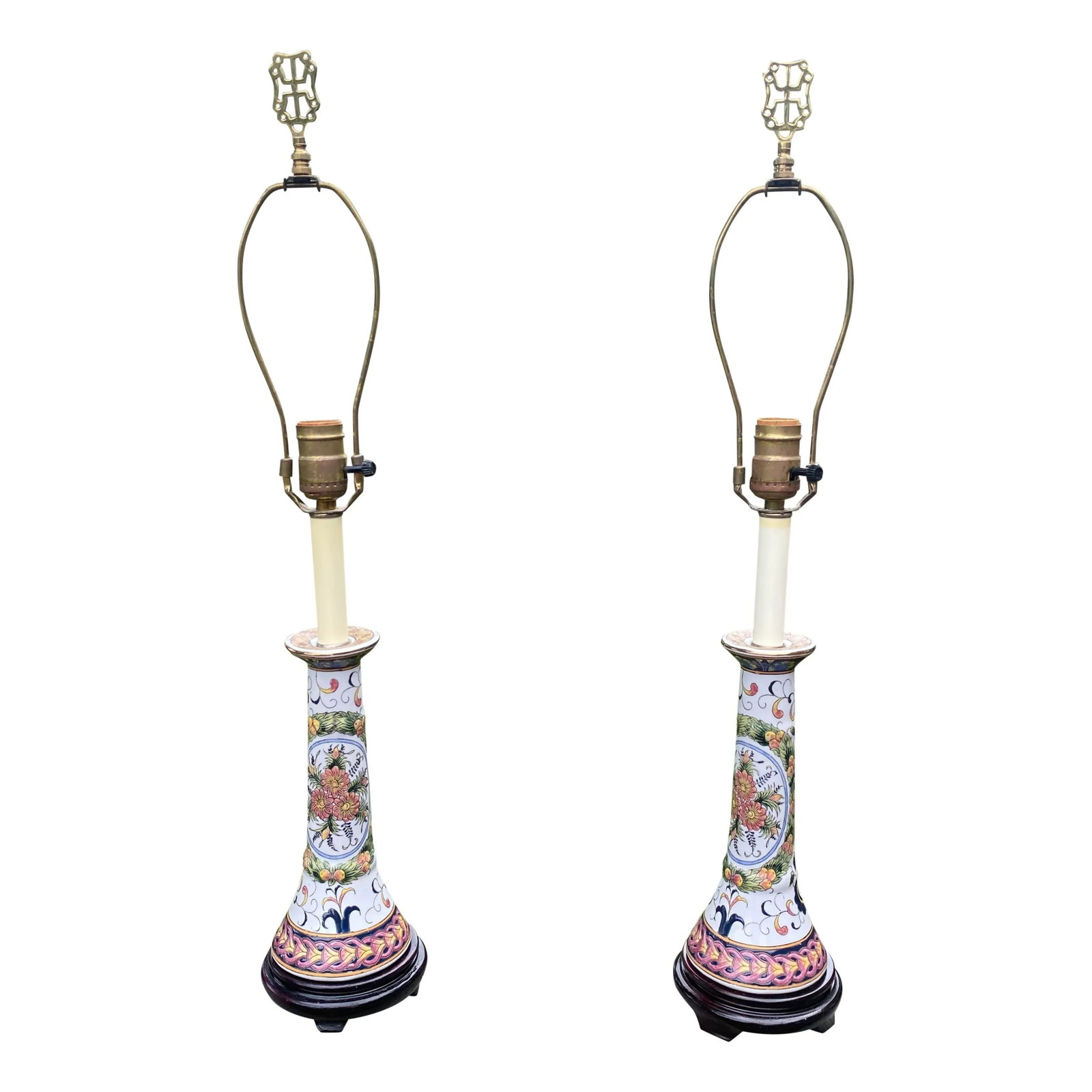 1980s Ceramic Floral Candlestick Lamps With Burlap Shade - a Pair - 2