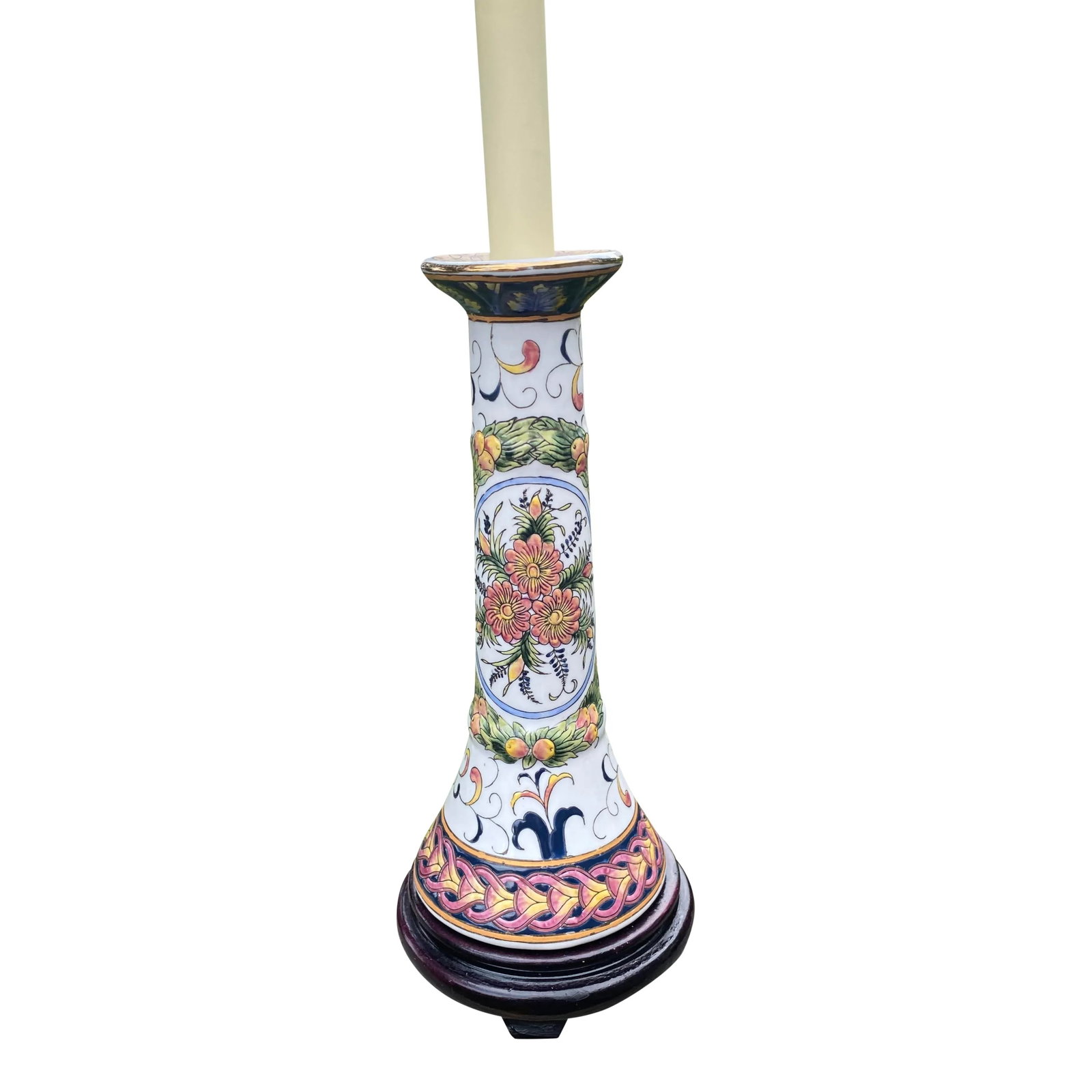 1980s Ceramic Floral Candlestick Lamps With Burlap Shade - a Pair - 5