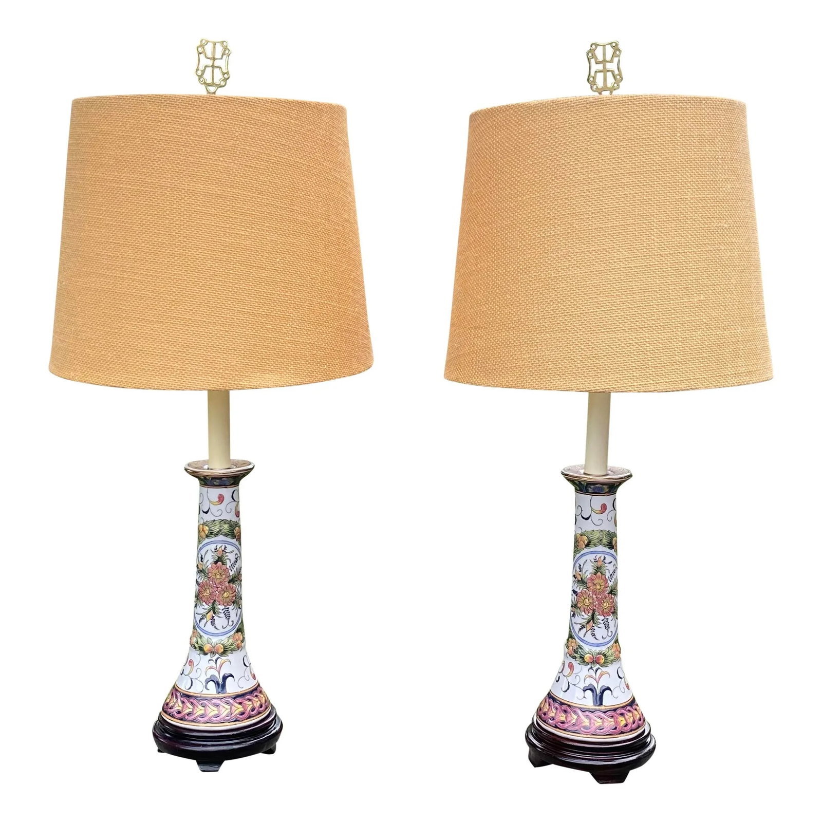 1980s Ceramic Floral Candlestick Lamps With Burlap Shade - a Pair - 6