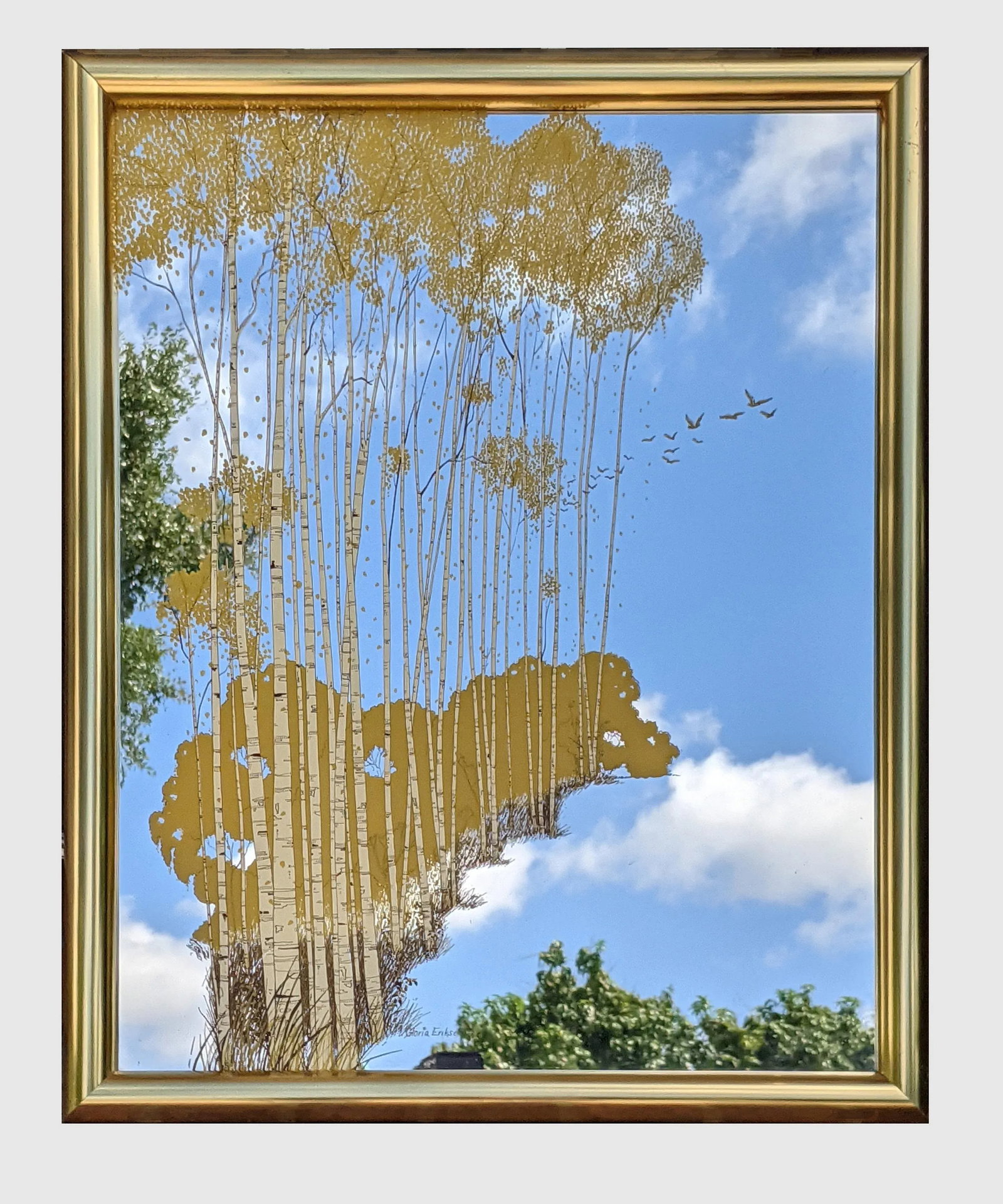 Vintage 1970's Gloria Eriksen Wall Etched Mirror With Trees and Birds - 13