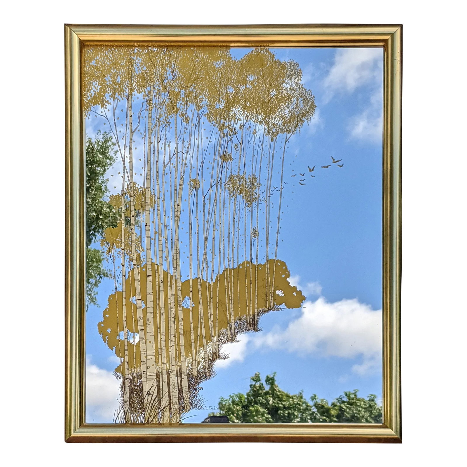 Vintage 1970's Gloria Eriksen Wall Etched Mirror With Trees and Birds: 1970's Mid century vintage etched mirror signed by artist Gloria Eriksen. Brass framed illuminates this wall art depicting a birch forest with yellow trees and birds adding texture and dimension to