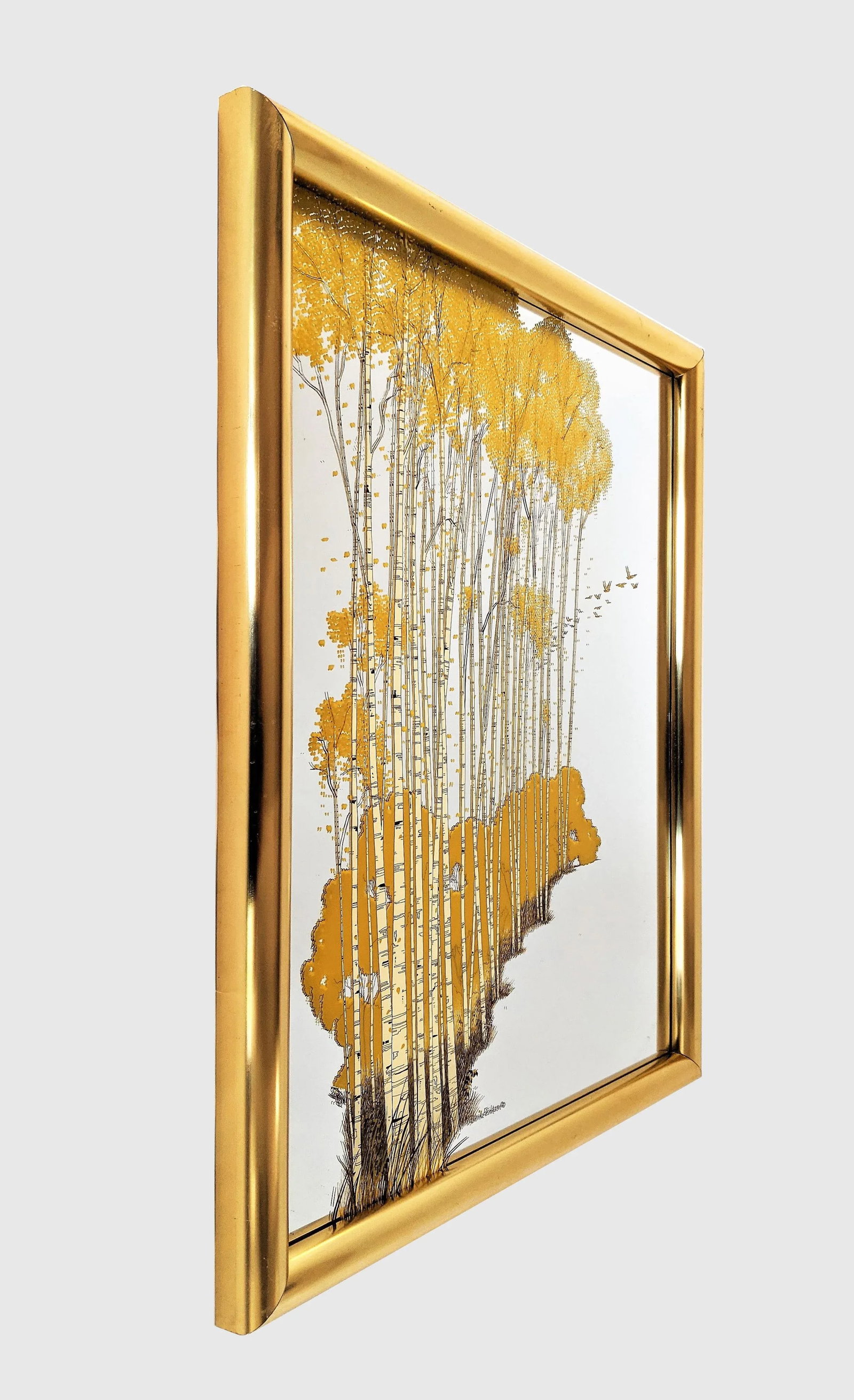 Vintage 1970's Gloria Eriksen Wall Etched Mirror With Trees and Birds - 5