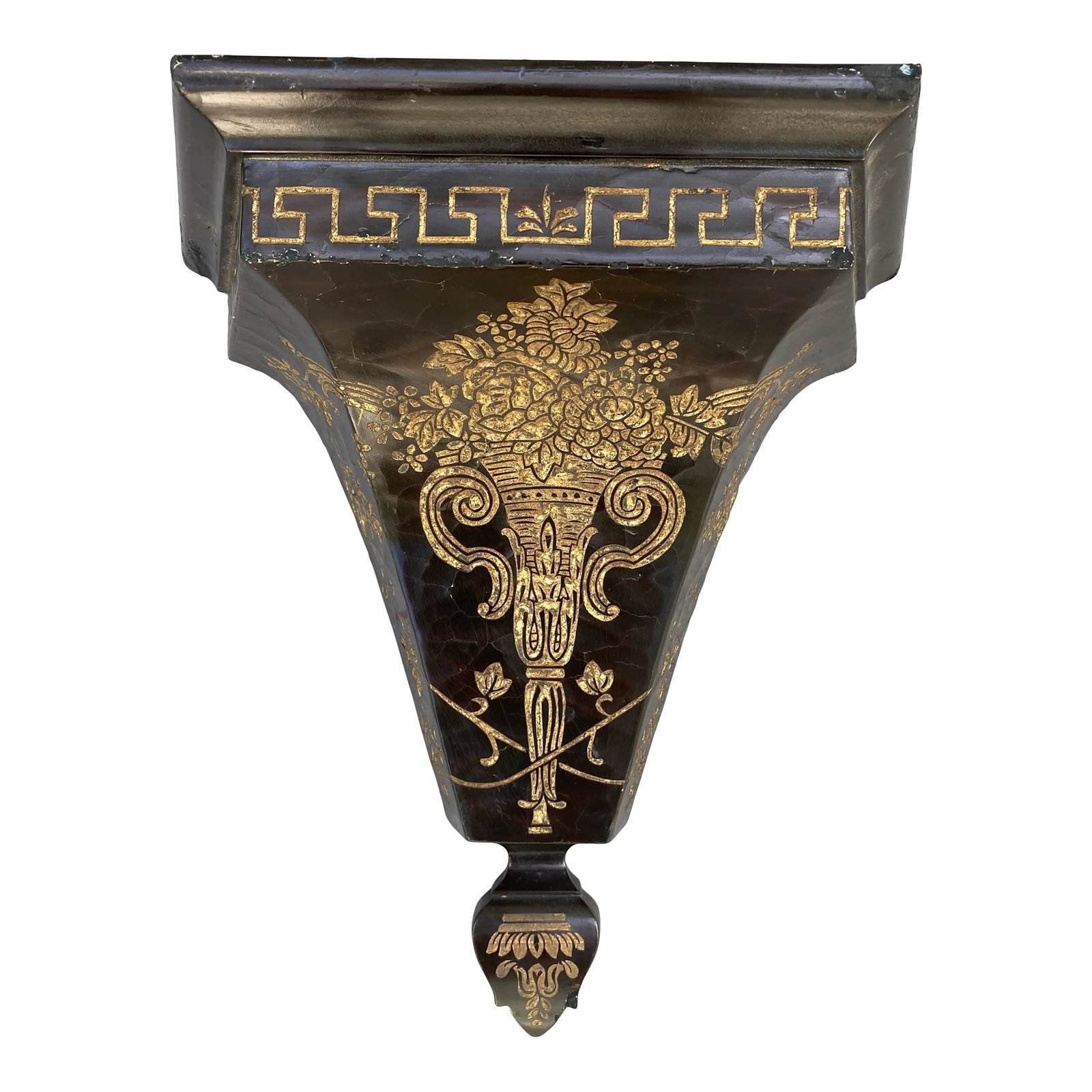 1980s Large Black & Gold Wall Shelf: Wonderful /Coromandel wall shelf great patina a good bit of age amazing style and size Condition: Alterations: Original Condition Unaltered Imperfections: Some Imperfections Condition Notes: Some