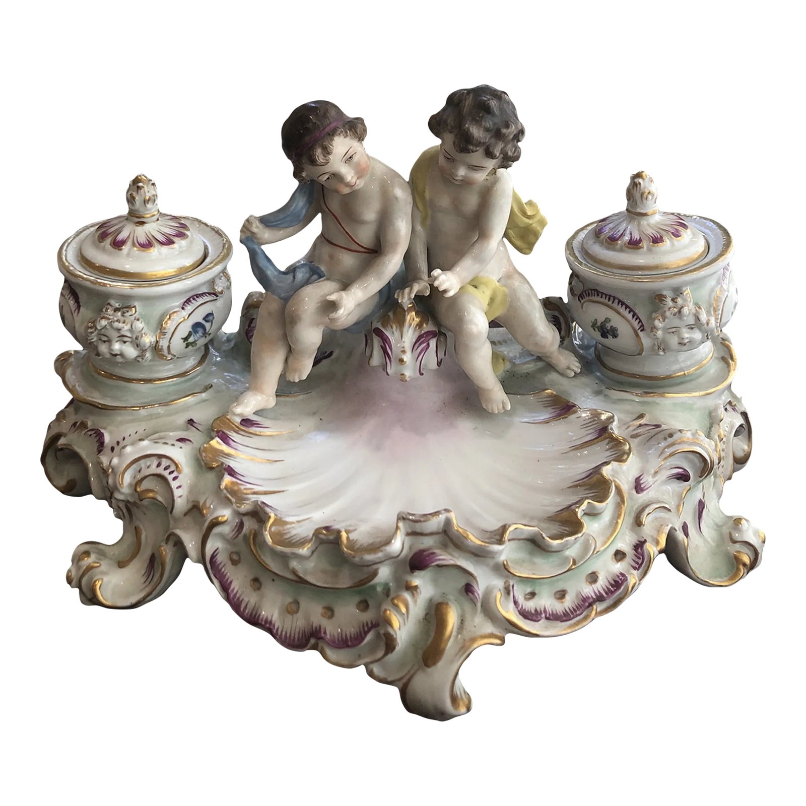 Antique Capodimonte Porcelain Cherub Figural Candleholder With Tray: Antique Capodimonte Porcelain Cherub Figural Candleholder With Tray from Italy. Collectable peace !!!!!! Condition: Alterations: Original Condition Unaltered Imperfections: Some Imperfections Conditio