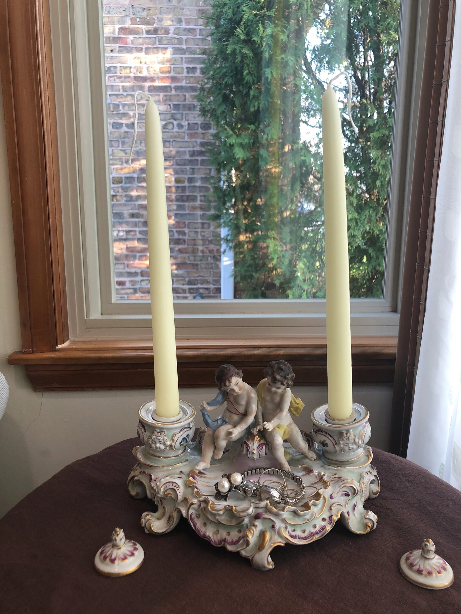 Antique Capodimonte Porcelain Cherub Figural Candleholder With Tray - 2