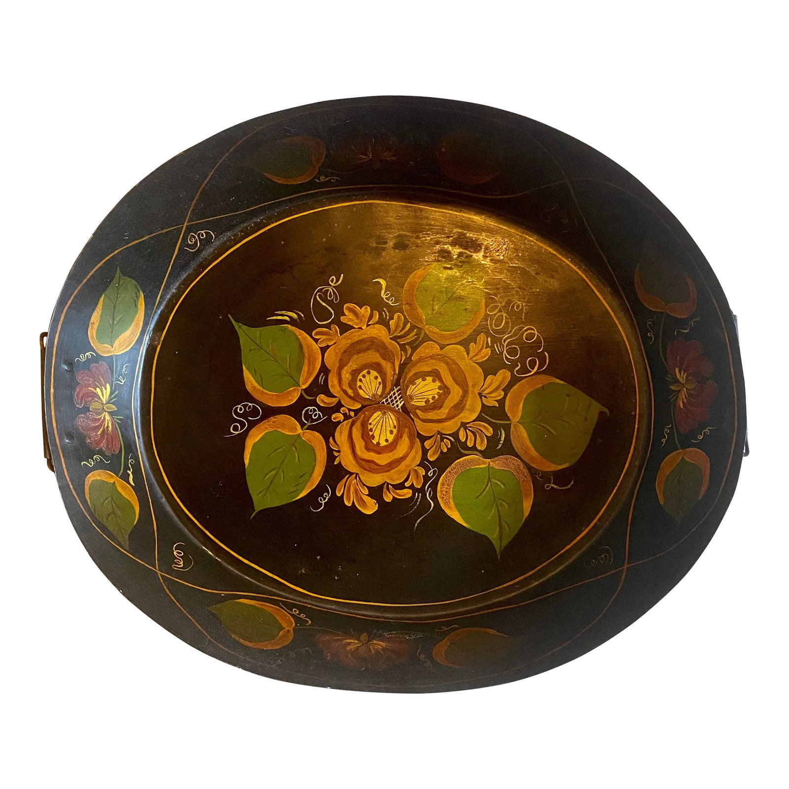 Antique Tole Tray: Great looking antique tile tray with unusual high sides. Beautifully executed hand painted design, bail handles and softly aged patina all lend to make this piece a show stopper. Condition: