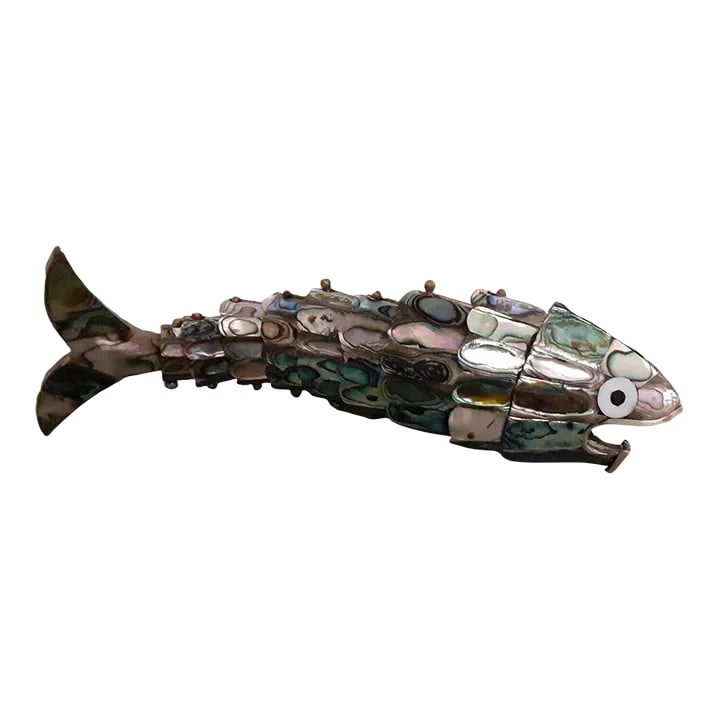 1960s Mid-Century Modern Los Castillo Taxco Abalone Fish Bottle Opener: Excellent vintage condition Condition: Alterations: Original Condition Unaltered Imperfections: Some Imperfections Condition Notes: In excellent condition with no known defects Creator: Brand: Los