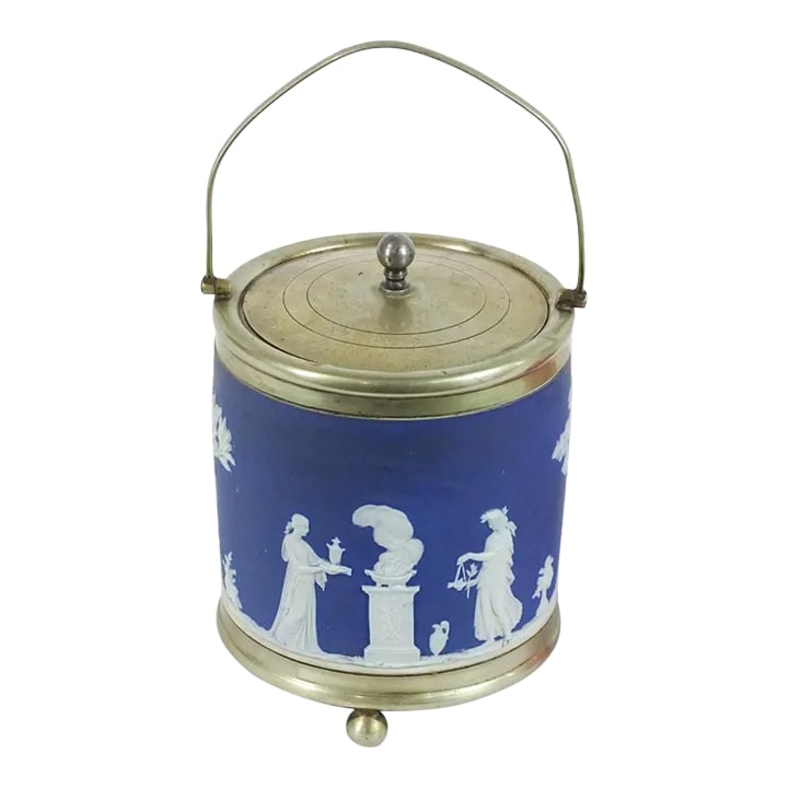 Late 19th Century Wedgwood Jasperware Blue & White Biscuit Barrel: Every room needs a biscuit barrel. but if not, it makes a great ice bucket or just looks pretty swell on a shelf. Condition: Alterations: Original Condition Unaltered Imperfections: Some