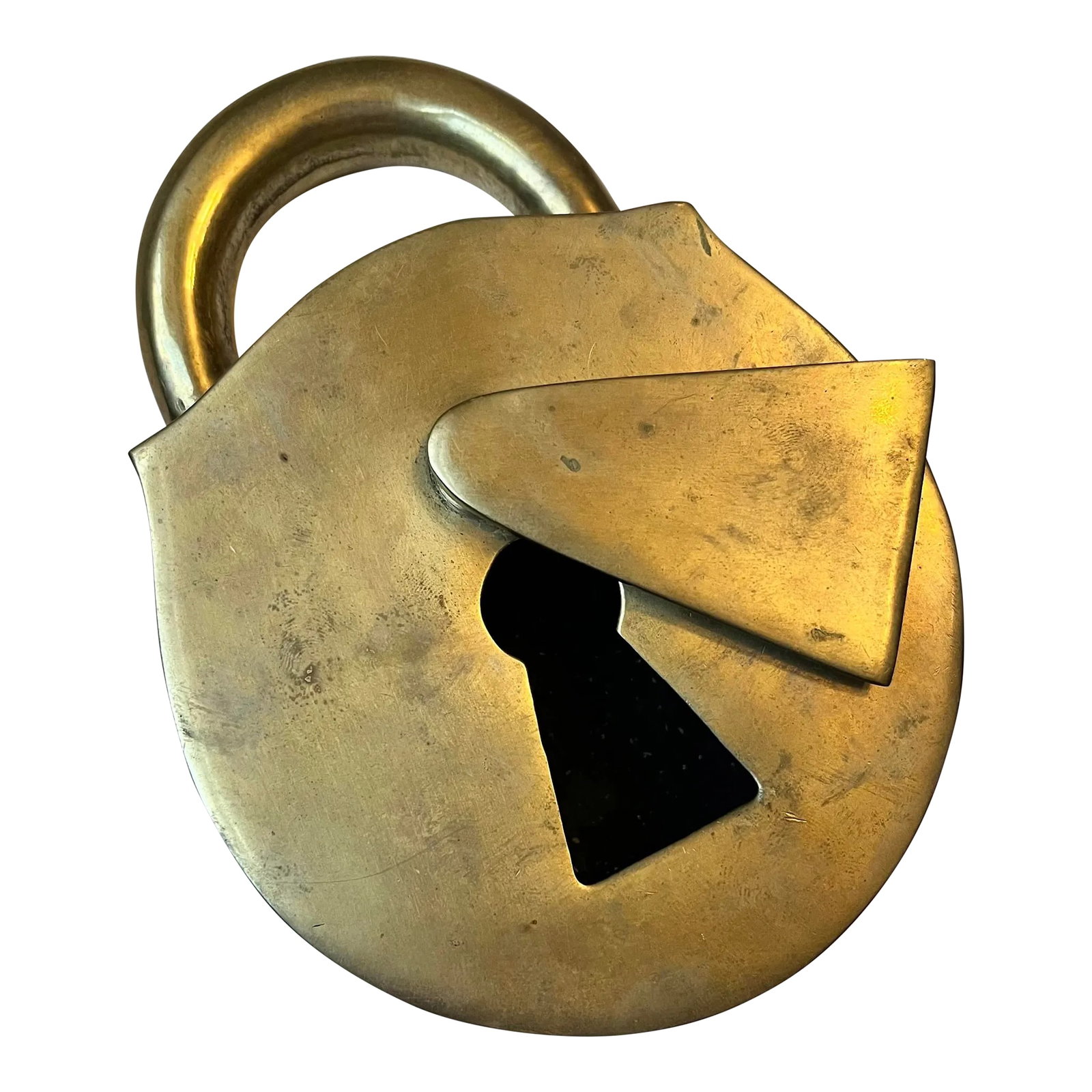 Mid 20th Century Virginia Metalcrafters Padlock Trinket Box: Very heavy vintage, brass padlock trinket box by Virginia Metalcrafters. Beautiful, warm patina. A great jewelry holder. Condition: Alterations: Original Condition Unaltered Imperfections: Some