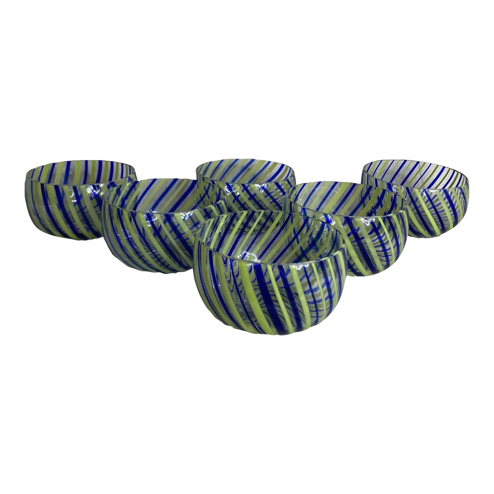 Late 20th Century Venini Style Art Glass Bowls- Set of 6: Set kf six striking vintage art glass hand blown bowls marked Eastern. The cobalt, Kelly and clear swirled striped bowls are in the style of Gio Ponti for Venini cane glasses and most likely made the