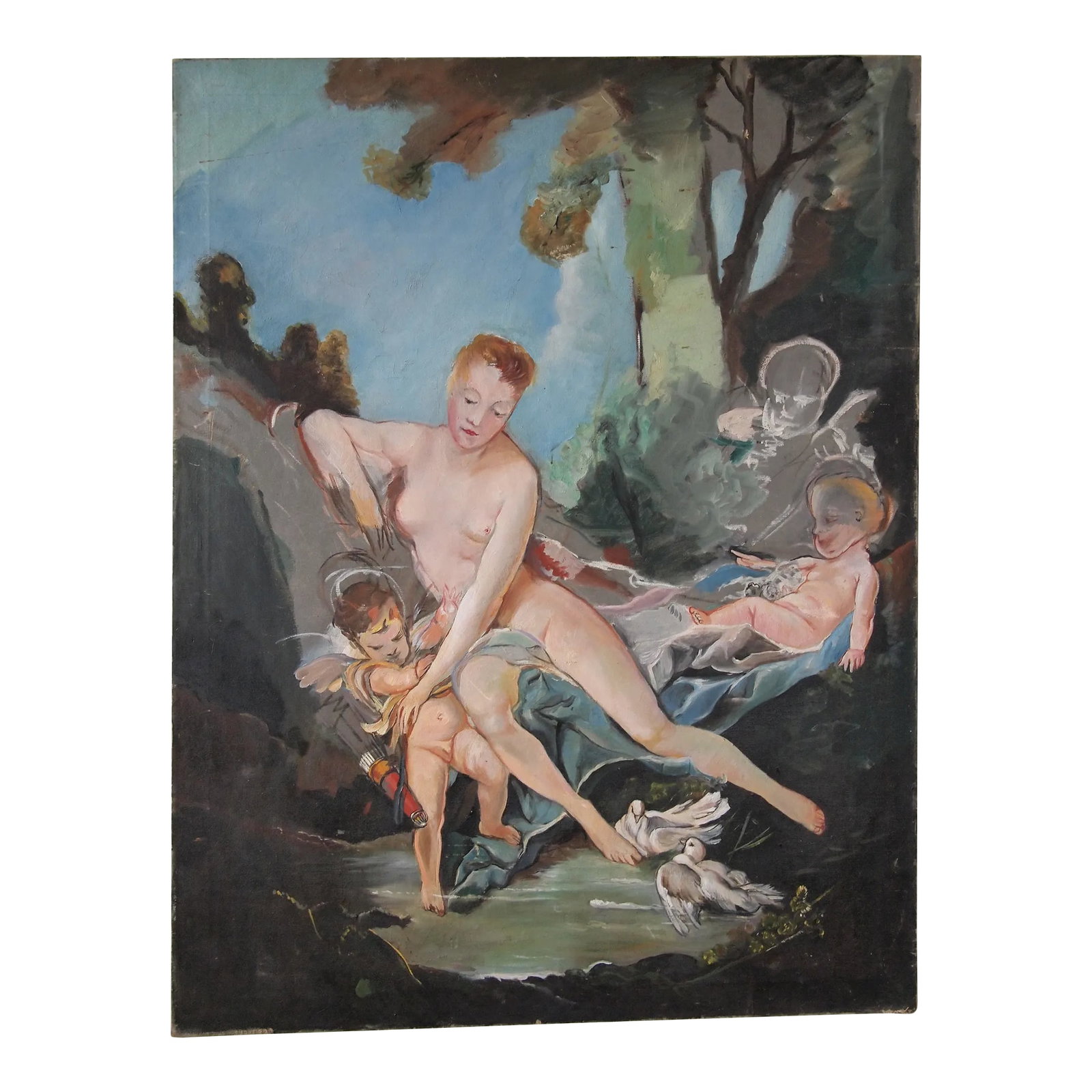 Mid 20th Century "Bath of Venus" Neoclassical Figurative Oil Painting Study: -Vintage BATH OF VENUS Painting Study 44x34" Oil / Canvas, Nude Woman Cupid Cherub Babies Children Francois Boucher French Classical Art -Interesting study / rendition of "The Bath of Venus"