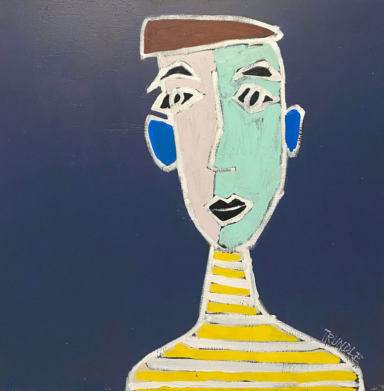 Sarah Trundle Contemporary Abstract Figure Painting, "He's a Solid Guy": A pensive, thoughtful, abstracted face/ figure on a deep dark blue background. 48 x 48 x 1.5. Edges painted the same deep blue as the background, back wired, ready to hang. Condition: Imperfections: