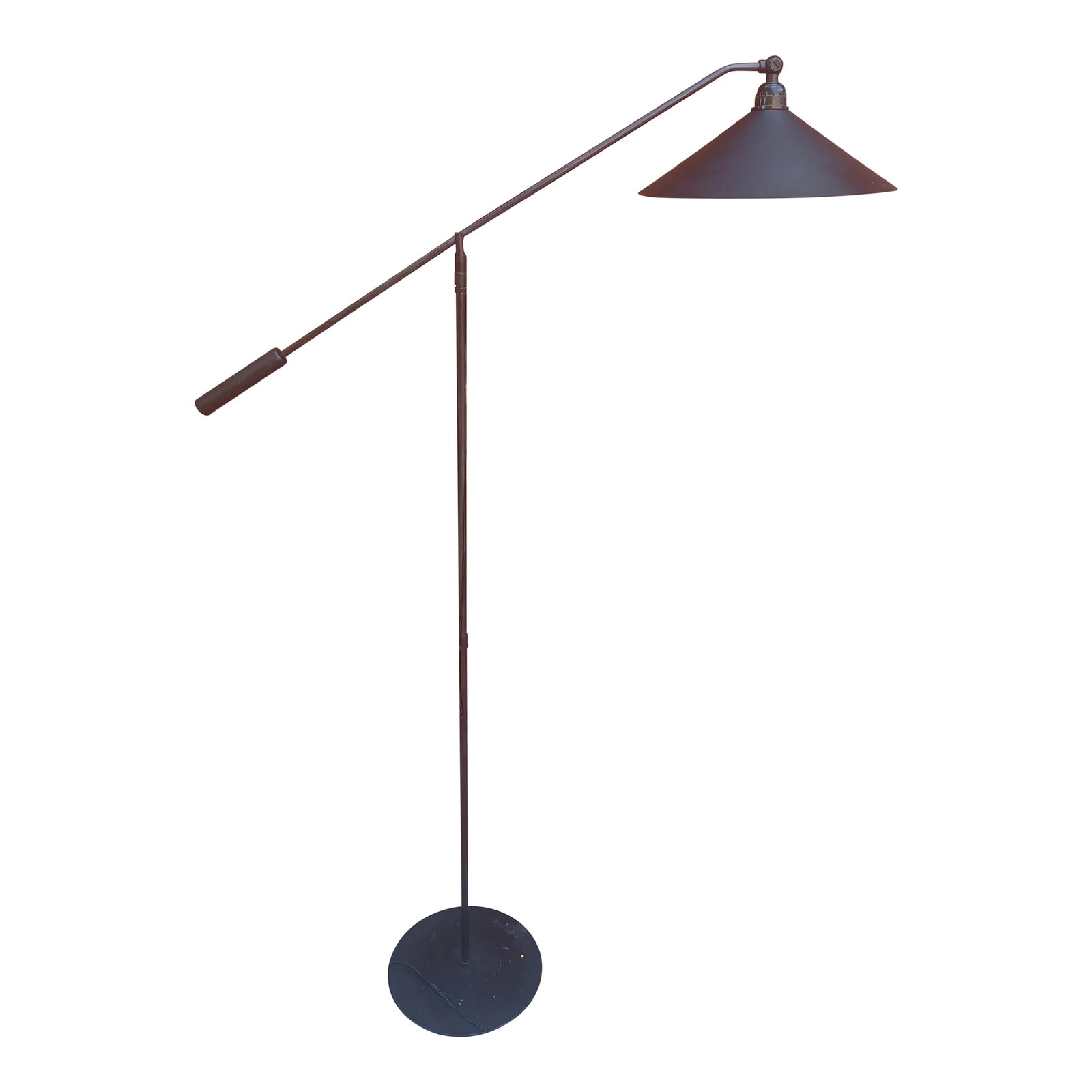 Vintage Minimalist Floor Lamp: Nice minimalist floor lamp with articulating shade and balance weight. The arm can rotate 360 degrees and be positioned at different heights. Its base is a solid steel flat circle adding to the