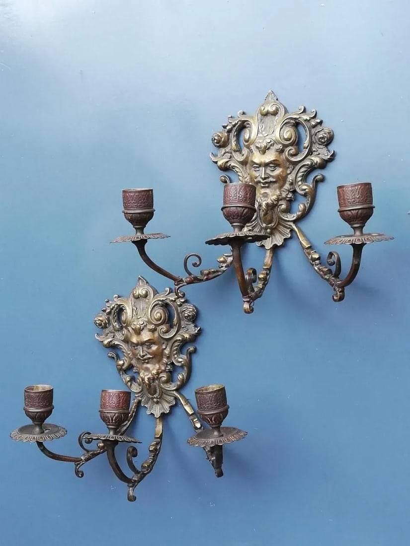 Antique 1900s French Bronze Wall Candle Sconces - a Pair - 2