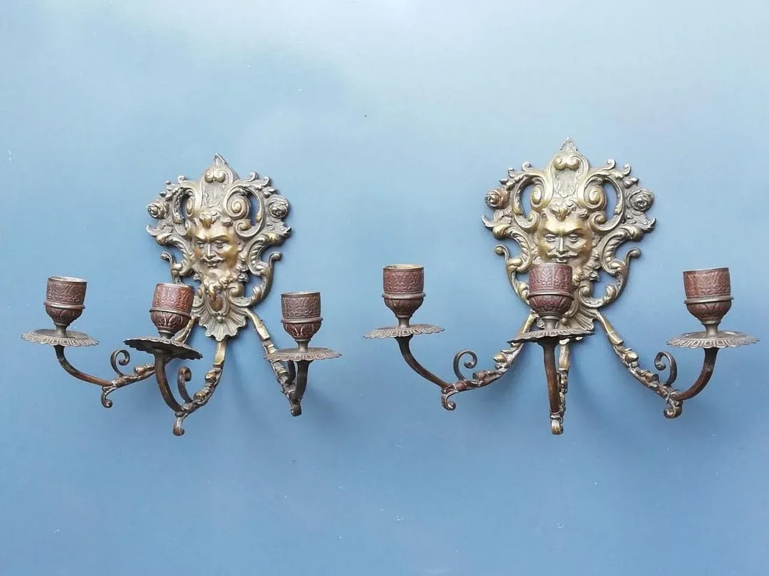 Antique 1900s French Bronze Wall Candle Sconces - a Pair - 3